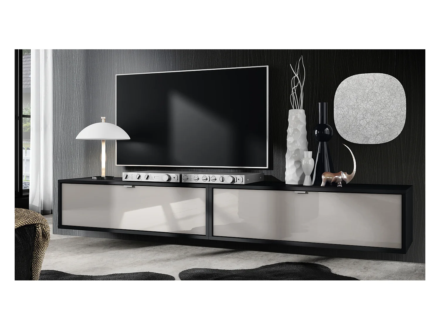 Ensemble de 2 set meuble TV Lana 100, lowboards de 100 x 29 x 37 cm chacun avec beaucoup d'espace de rangement, caisson en Noir mat, façades en Gris sable brillant