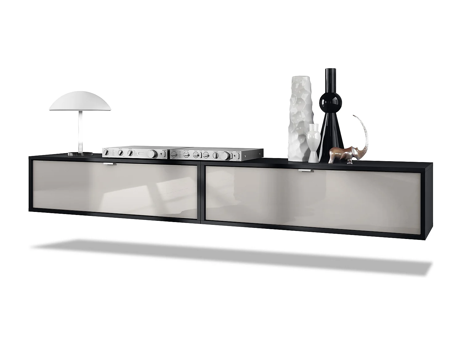 Ensemble de 2 set meuble TV Lana 100, lowboards de 100 x 29 x 37 cm chacun avec beaucoup d'espace de rangement, caisson en Noir mat, façades en Gris sable brillant