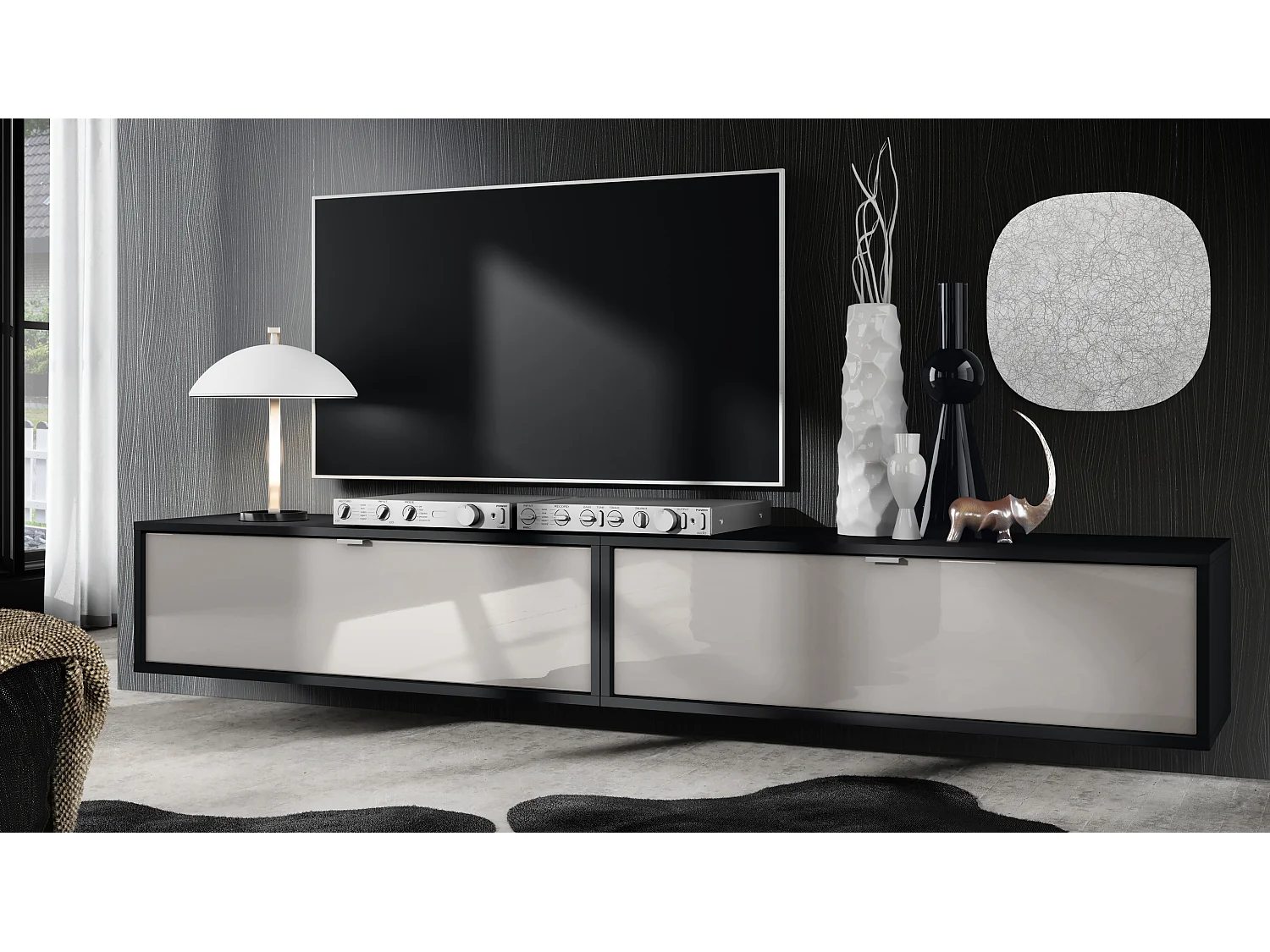 Ensemble de 2 set meuble TV Lana 100, lowboards de 100 x 29 x 37 cm chacun avec beaucoup d'espace de rangement, caisson en Noir mat, façades en Gris sable brillant