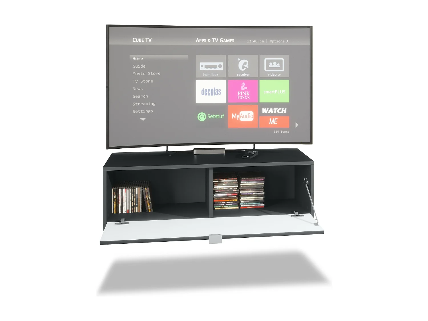 Ensemble de 2 set meuble TV Lana 100, lowboards de 100 x 29 x 37 cm chacun avec beaucoup d'espace de rangement, caisson en Noir mat, façades en Gris sable brillant