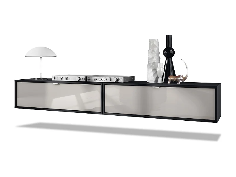 Ensemble de 2 set meuble TV Lana 100, lowboards de 100 x 29 x 37 cm chacun avec beaucoup d'espace de rangement, caisson en Noir mat, façades en Gris sable brillant