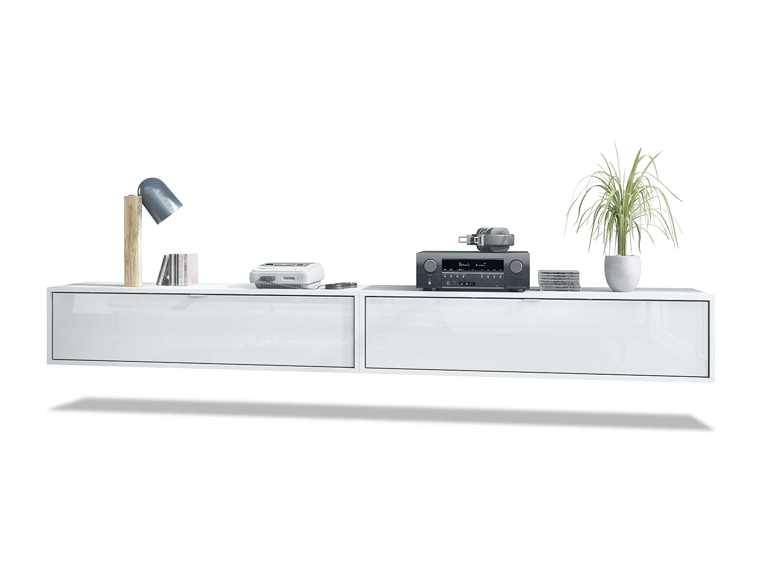 Ensemble de 2 set meuble TV Lana 120, lowboards de 120x29x37 cm chacun avec beaucoup d'espace de rangement, caisson en Blanc mat, façades en Blanc brillant