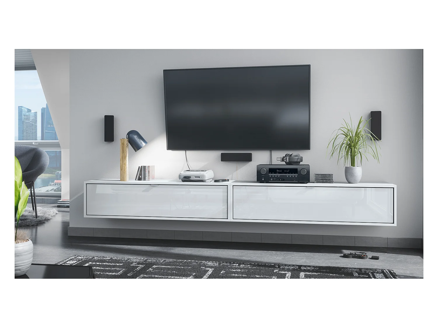 Ensemble de 2 set meuble TV Lana 120, lowboards de 120x29x37 cm chacun avec beaucoup d'espace de rangement, caisson en Blanc mat, façades en Blanc brillant