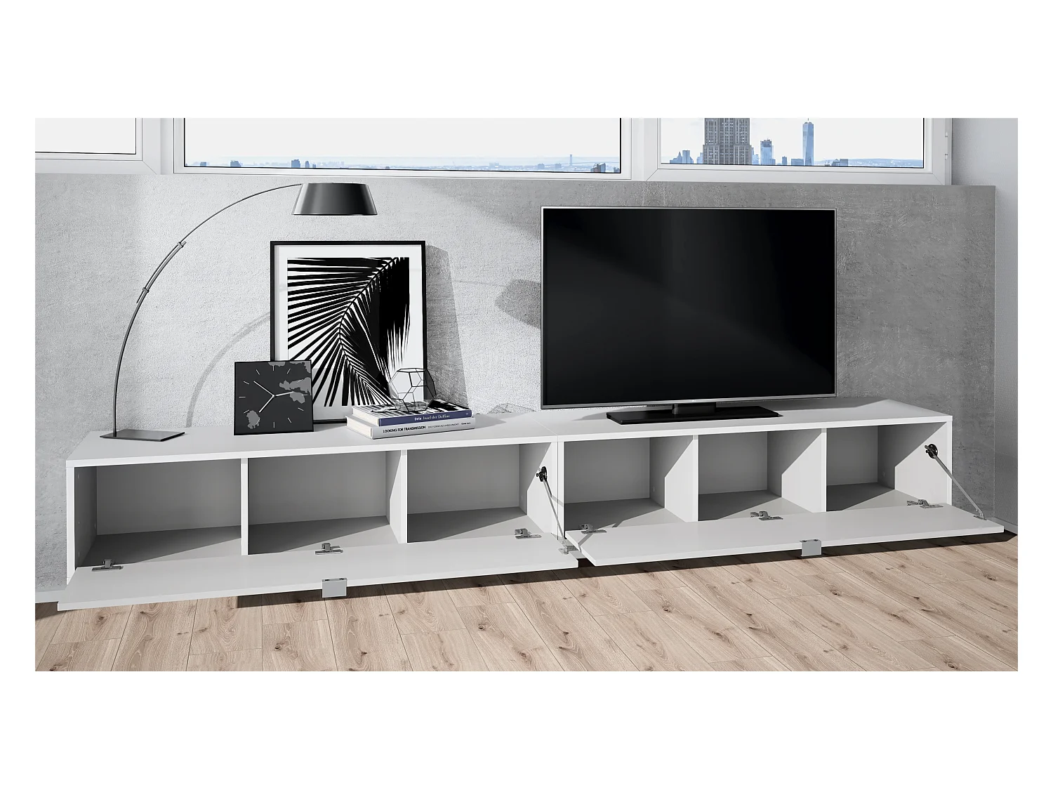 Ensemble de 2 set meuble TV Lana 120, lowboards de 120x29x37 cm chacun avec beaucoup d'espace de rangement, caisson en Blanc mat, façades en Blanc brillant