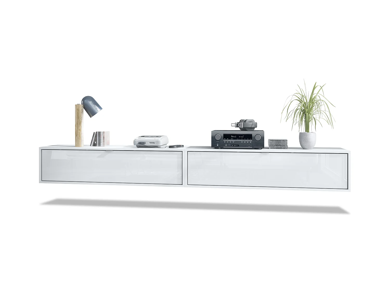 Ensemble de 2 set meuble TV Lana 120, lowboards de 120x29x37 cm chacun avec beaucoup d'espace de rangement, caisson en Blanc mat, façades en Blanc brillant