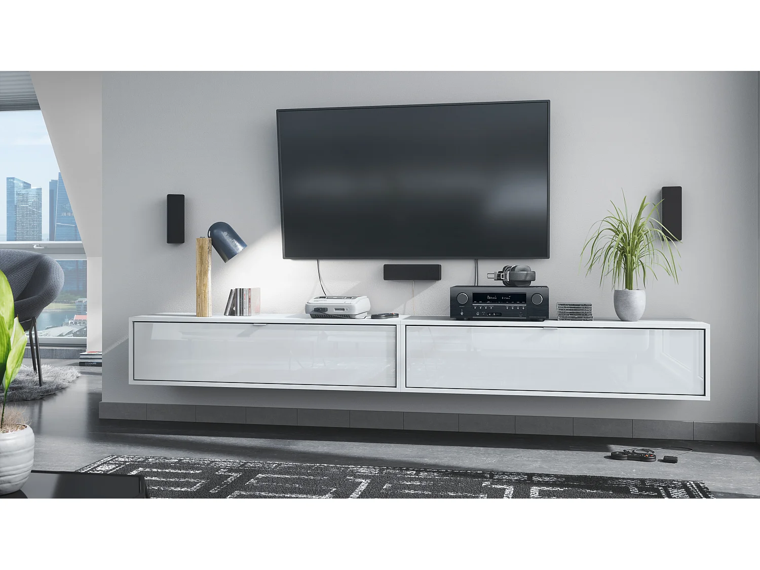 Ensemble de 2 set meuble TV Lana 120, lowboards de 120x29x37 cm chacun avec beaucoup d'espace de rangement, caisson en Blanc mat, façades en Blanc brillant