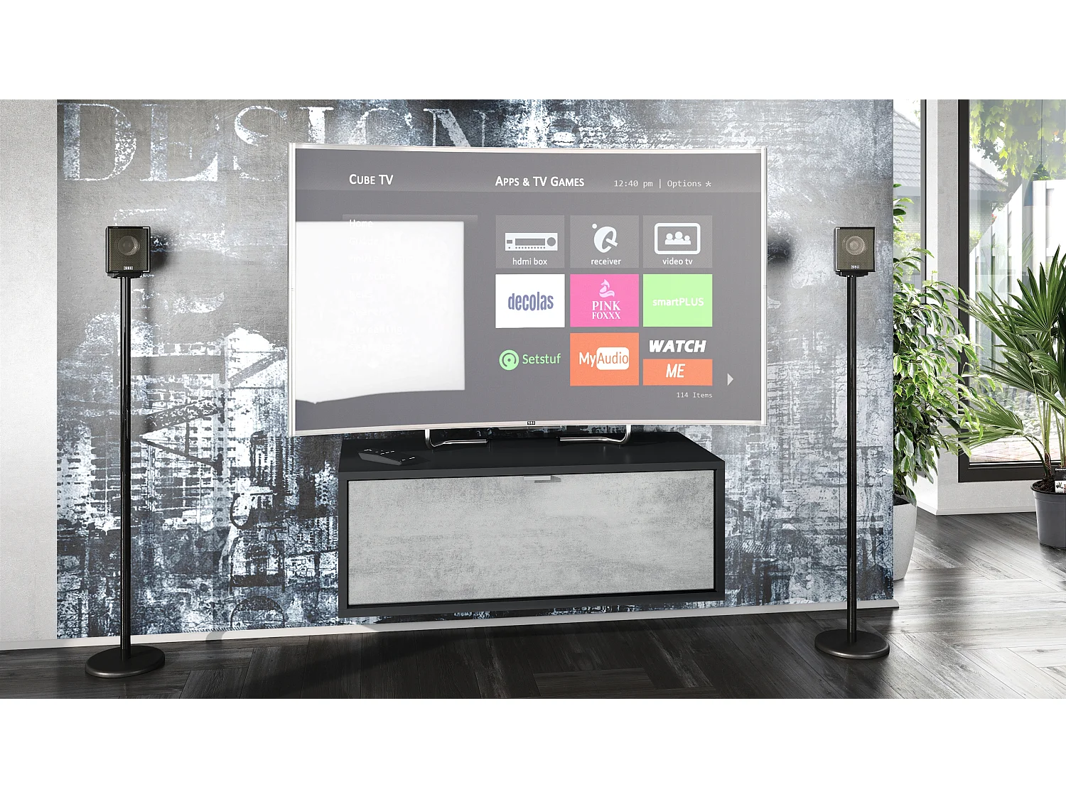 Meuble TV Lana 80 armoire murale lowboard 80 x 29 x 37 cm, caisson en noir mat, façades en aspect béton oxyde | Grand choix de couleurs