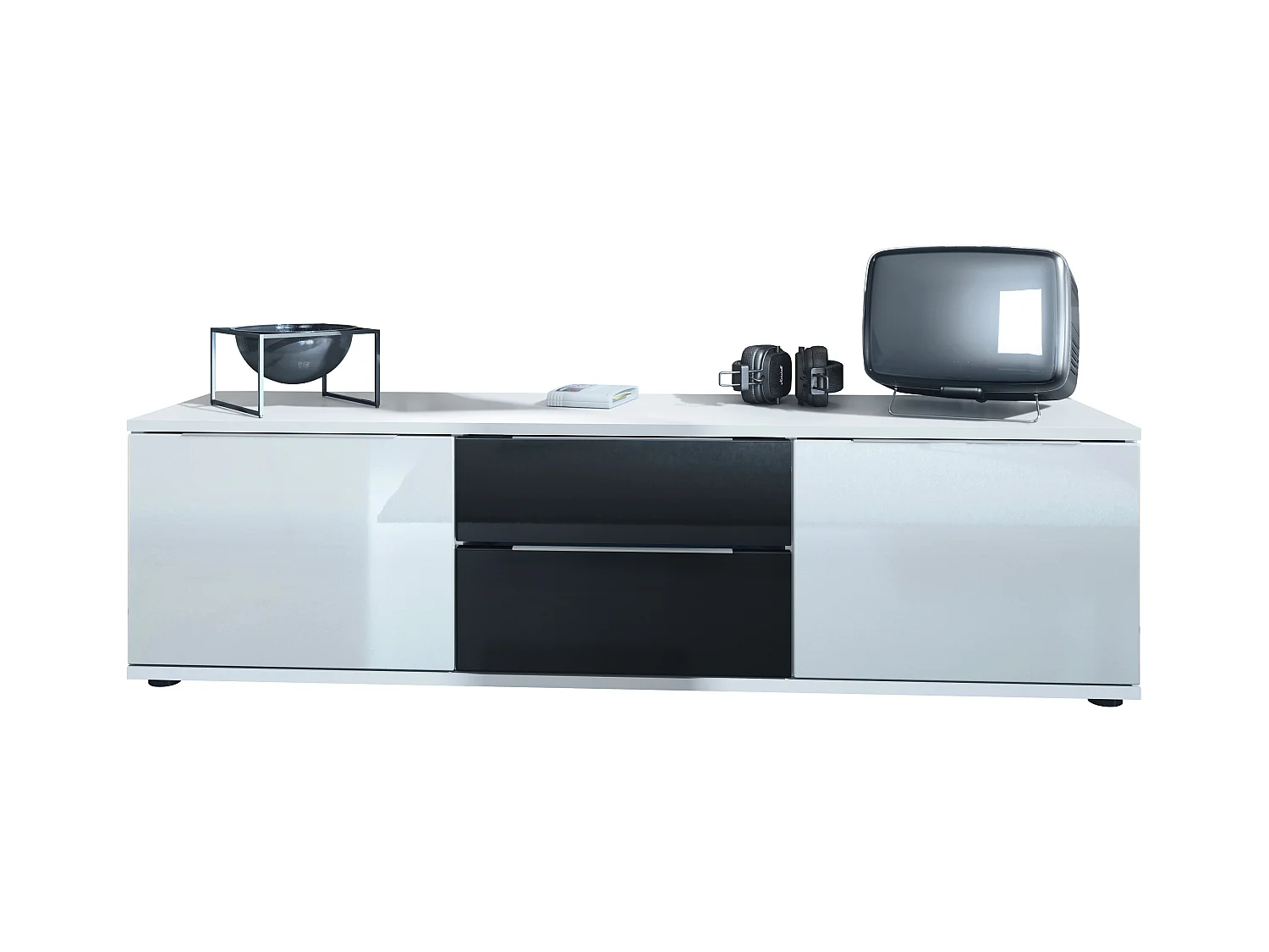 Buffet TV Linio V1, Table de télévision avec 2 portes et 2 tiroirs - Blanc / noir haute brillance (138,5 x 37,5 x 35 cm)