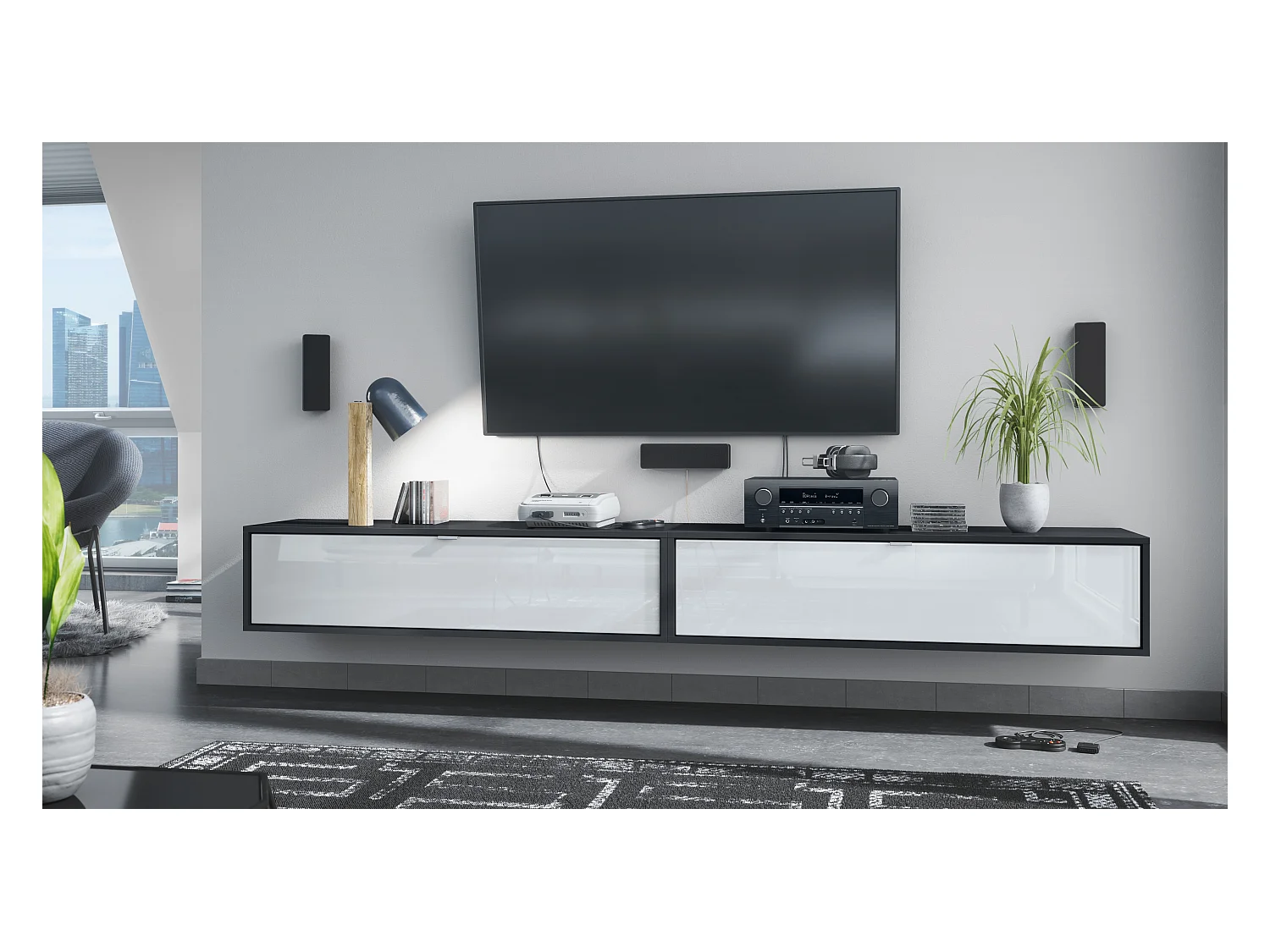 Ensemble de 2 set meuble TV Lana 120, lowboards de 120x29x37 cm chacun avec beaucoup d'espace de rangement, caisson en Noir mat, façades en Blanc brillant