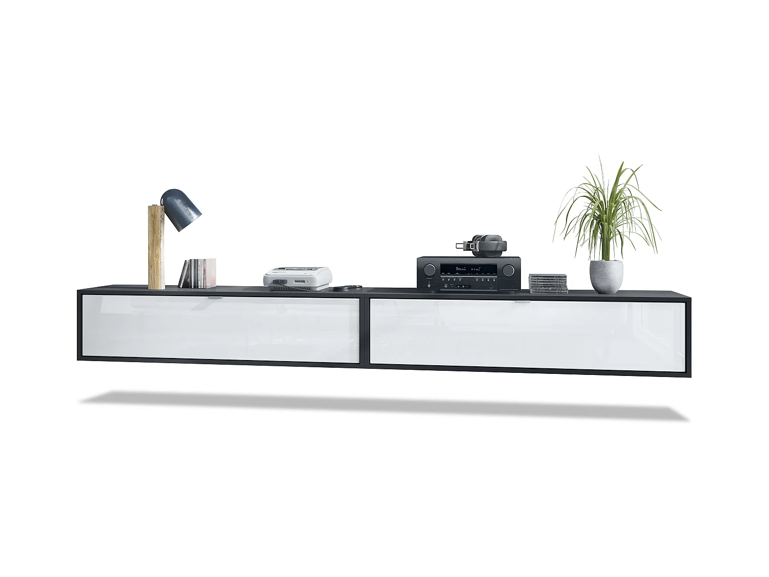 Ensemble de 2 set meuble TV Lana 120, lowboards de 120x29x37 cm chacun avec beaucoup d'espace de rangement, caisson en Noir mat, façades en Blanc brillant