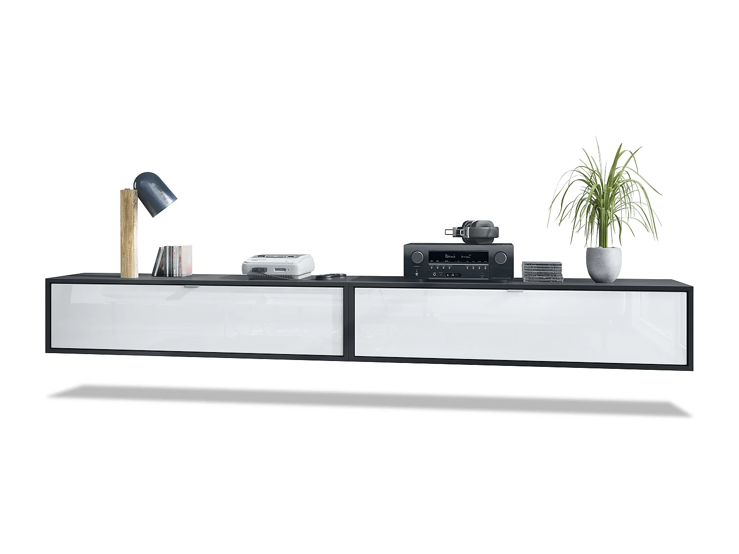 Ensemble de 2 set meuble TV Lana 120, lowboards de 120x29x37 cm chacun avec beaucoup d'espace de rangement, caisson en Noir mat, façades en Blanc brillant