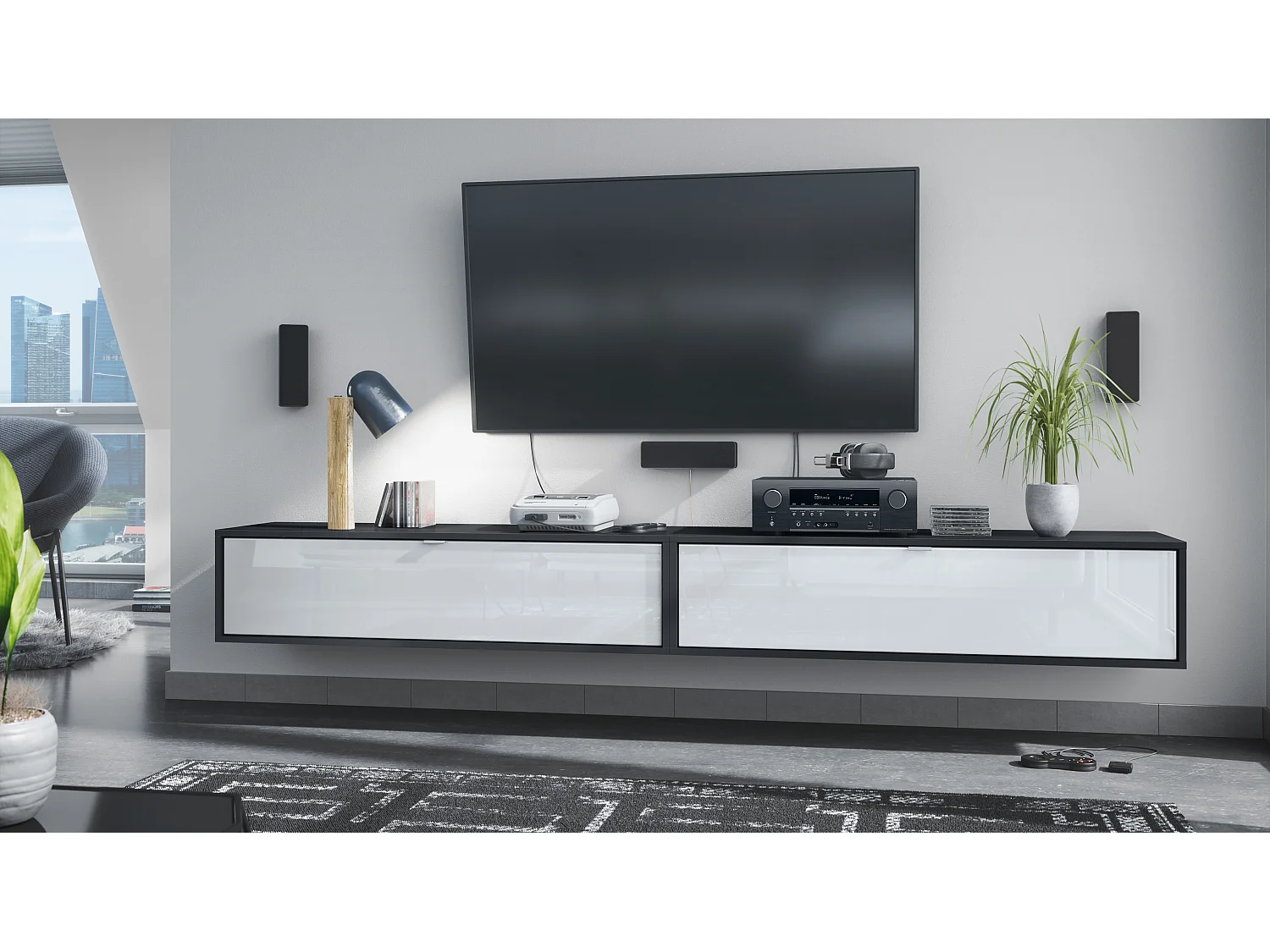 Ensemble de 2 set meuble TV Lana 120, lowboards de 120x29x37 cm chacun avec beaucoup d'espace de rangement, caisson en Noir mat, façades en Blanc brillant