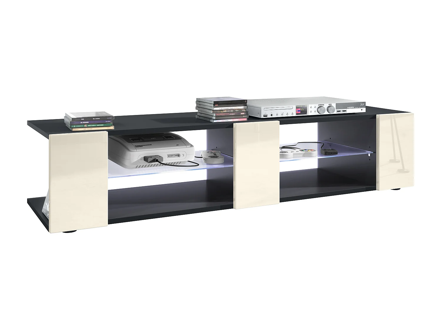 Buffet bas Movie V2, Meuble TV avec 6 compartiments ouverts et placages décoratifs, Noir mat/Crème brillant, éclairage LED blanc inclus (134 x 29 x 39 cm)