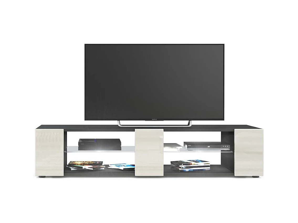 Buffet bas Movie V2, Meuble TV avec 6 compartiments ouverts et placages décoratifs, Noir mat/Crème brillant, éclairage LED blanc inclus (134 x 29 x 39 cm)
