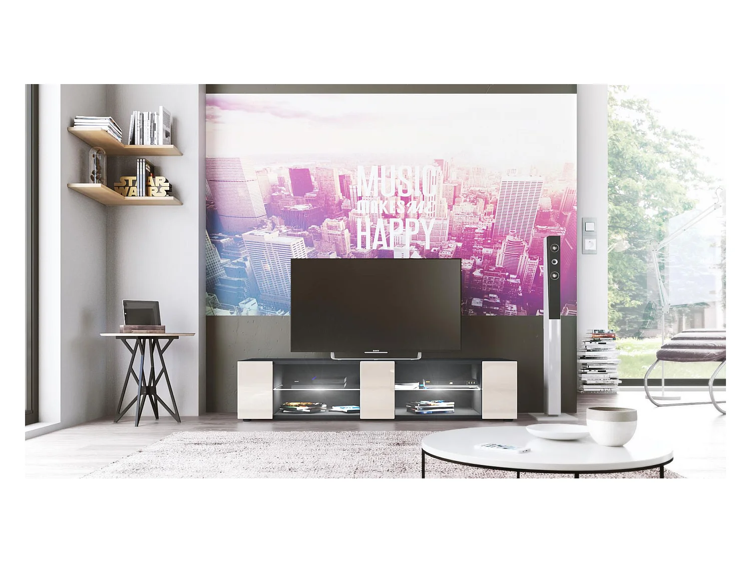 Buffet bas Movie V2, Meuble TV avec 6 compartiments ouverts et placages décoratifs, Noir mat/Crème brillant, éclairage LED blanc inclus (134 x 29 x 39 cm)