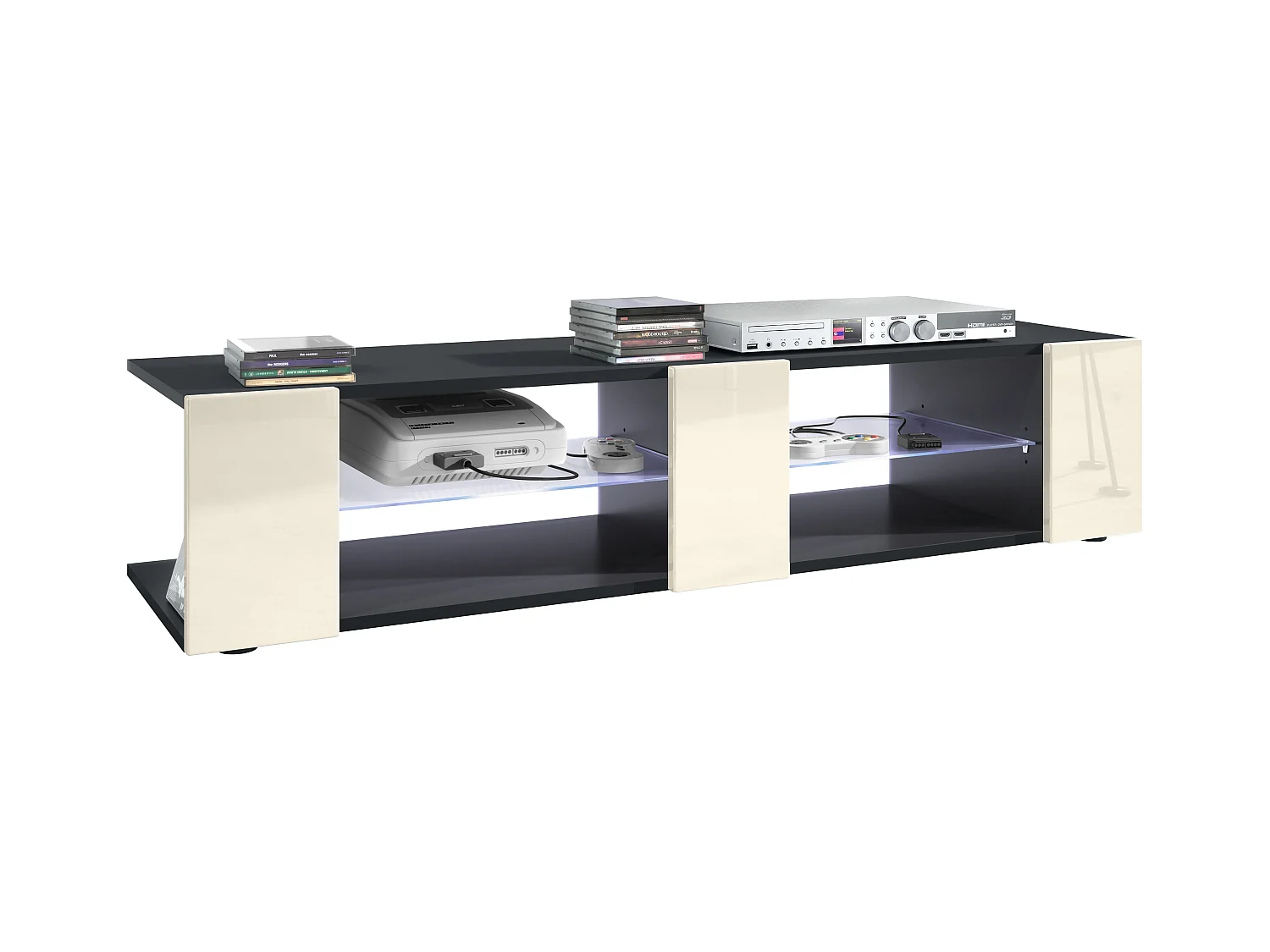 Buffet bas Movie V2, Meuble TV avec 6 compartiments ouverts et placages décoratifs, Noir mat/Crème brillant, éclairage LED blanc inclus (134 x 29 x 39 cm)
