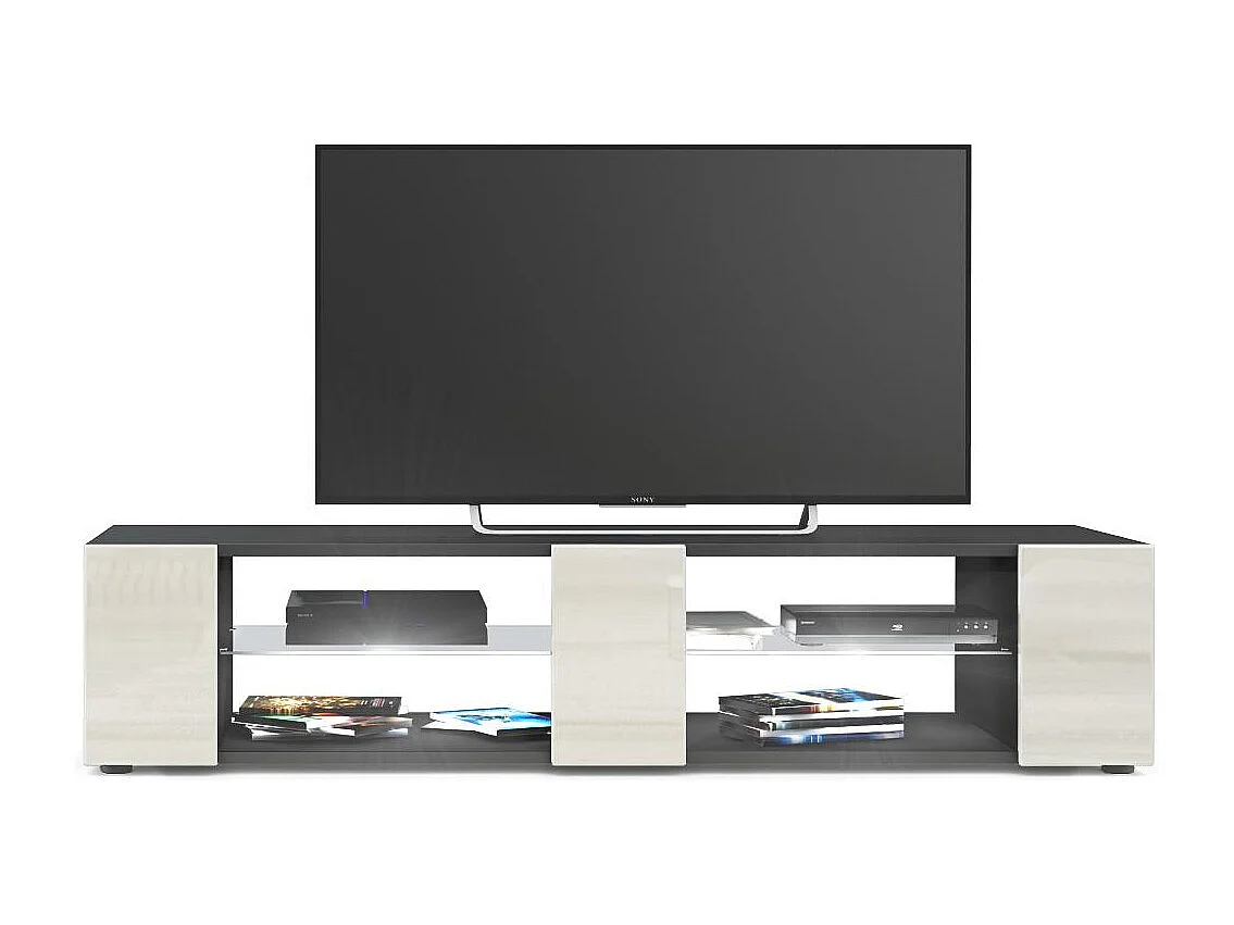 Buffet bas Movie V2, Meuble TV avec 6 compartiments ouverts et placages décoratifs, Noir mat/Crème brillant, éclairage LED blanc inclus (134 x 29 x 39 cm)