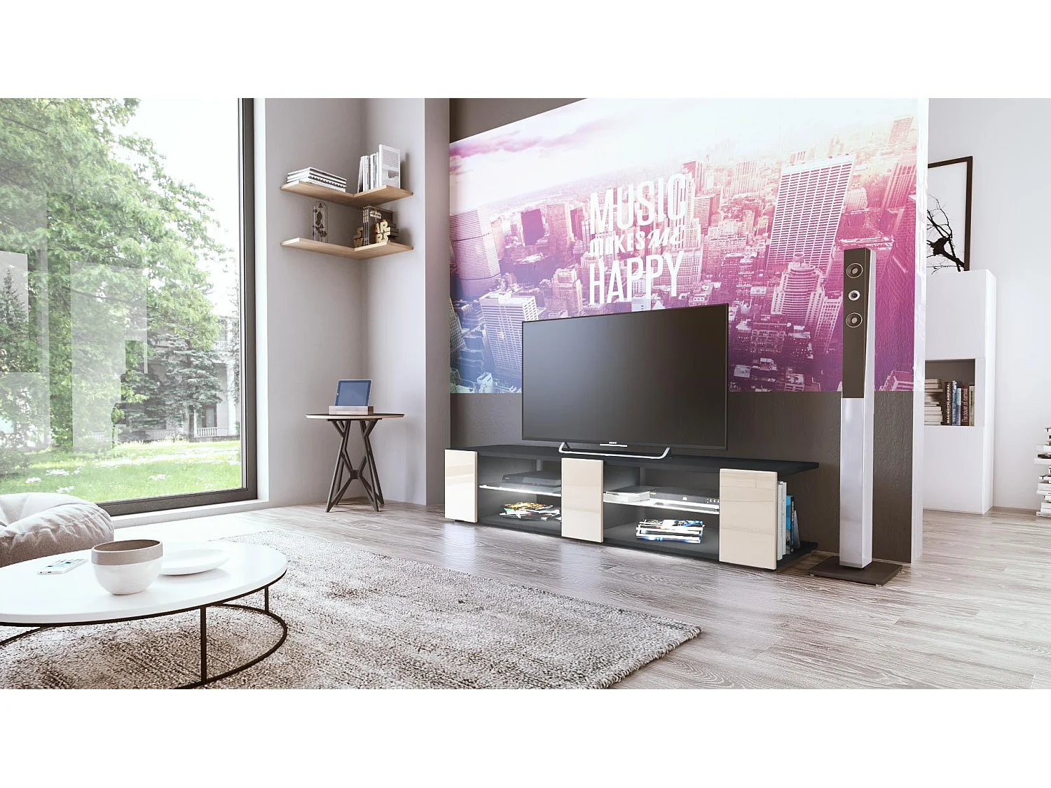 Buffet bas Movie V2, Meuble TV avec 6 compartiments ouverts et placages décoratifs, Noir mat/Crème brillant, éclairage LED blanc inclus (134 x 29 x 39 cm)