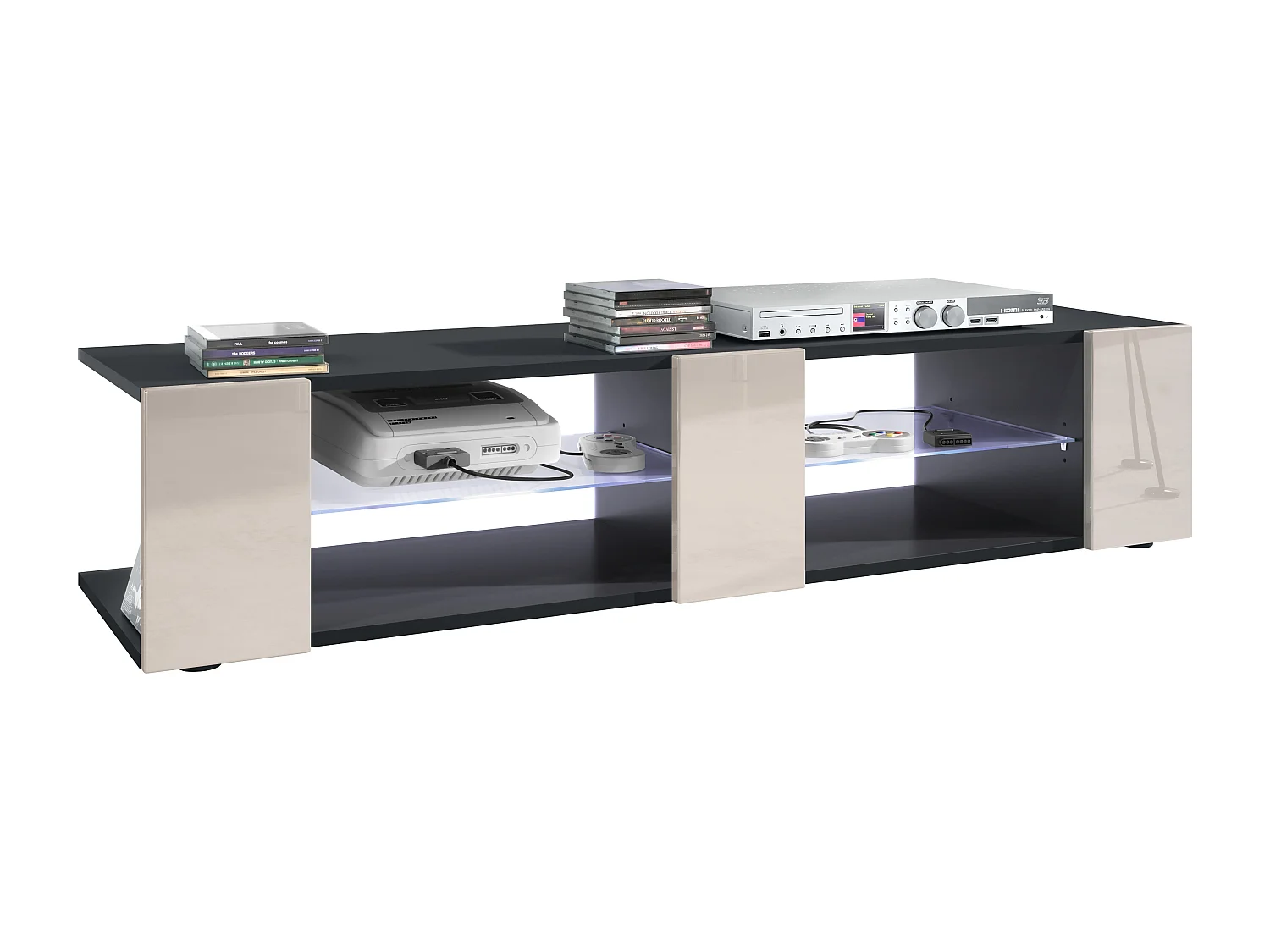 Buffet bas Movie V2, Meuble TV avec 6 compartiments ouverts et placages décoratifs, Noir mat/Gris sable brillant, éclairage LED blanc inclus (134x29x39 cm)