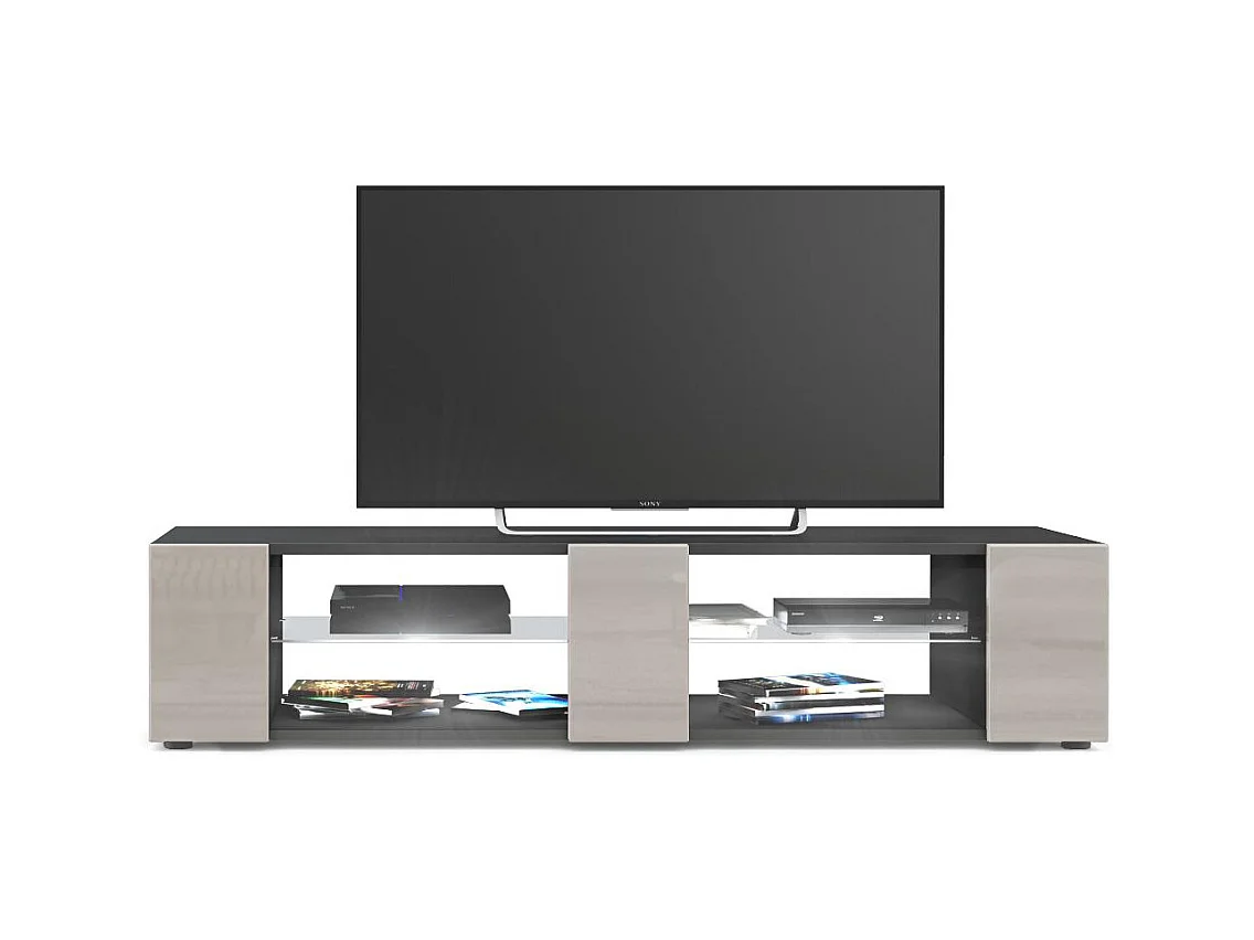 Buffet bas Movie V2, Meuble TV avec 6 compartiments ouverts et placages décoratifs, Noir mat/Gris sable brillant, éclairage LED blanc inclus (134x29x39 cm)