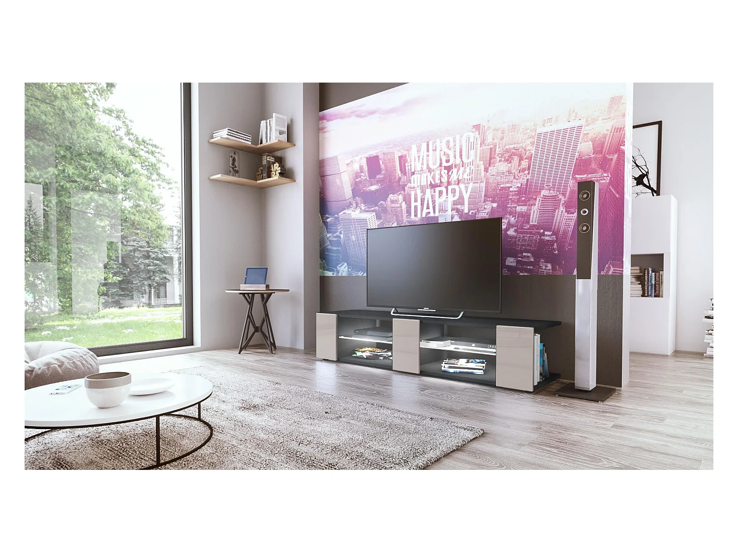 Buffet bas Movie V2, Meuble TV avec 6 compartiments ouverts et placages décoratifs, Noir mat/Gris sable brillant, éclairage LED blanc inclus (134x29x39 cm)