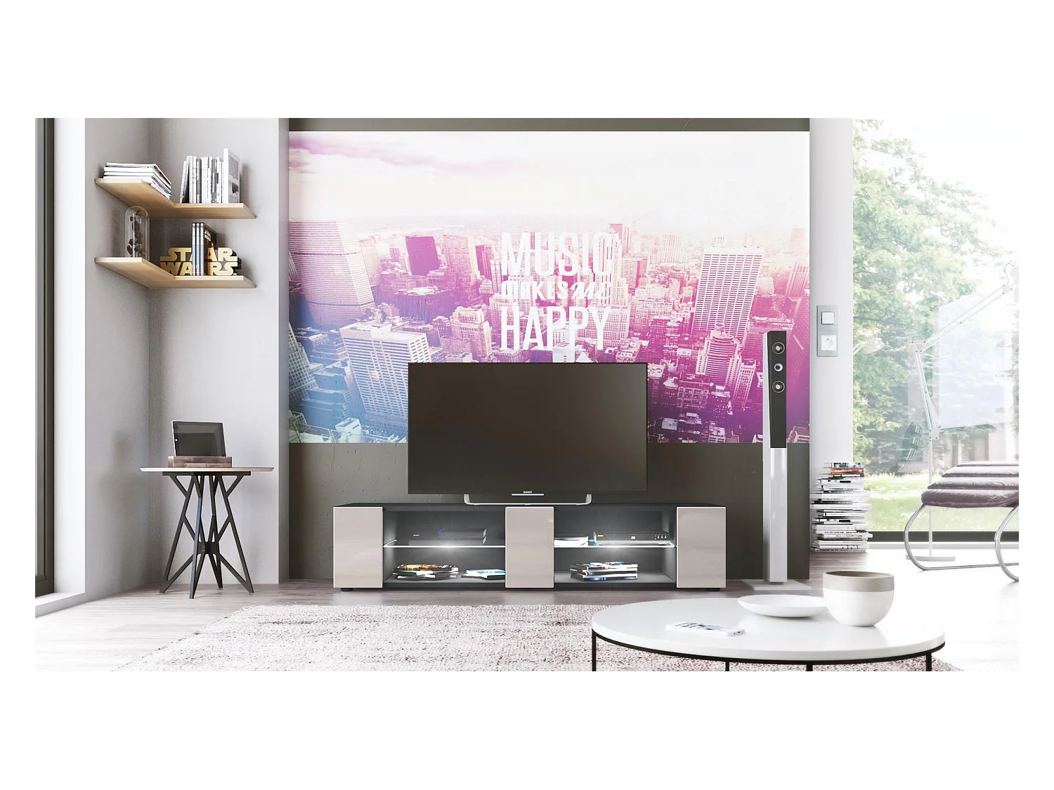Buffet bas Movie V2, Meuble TV avec 6 compartiments ouverts et placages décoratifs, Noir mat/Gris sable brillant, éclairage LED blanc inclus (134x29x39 cm)