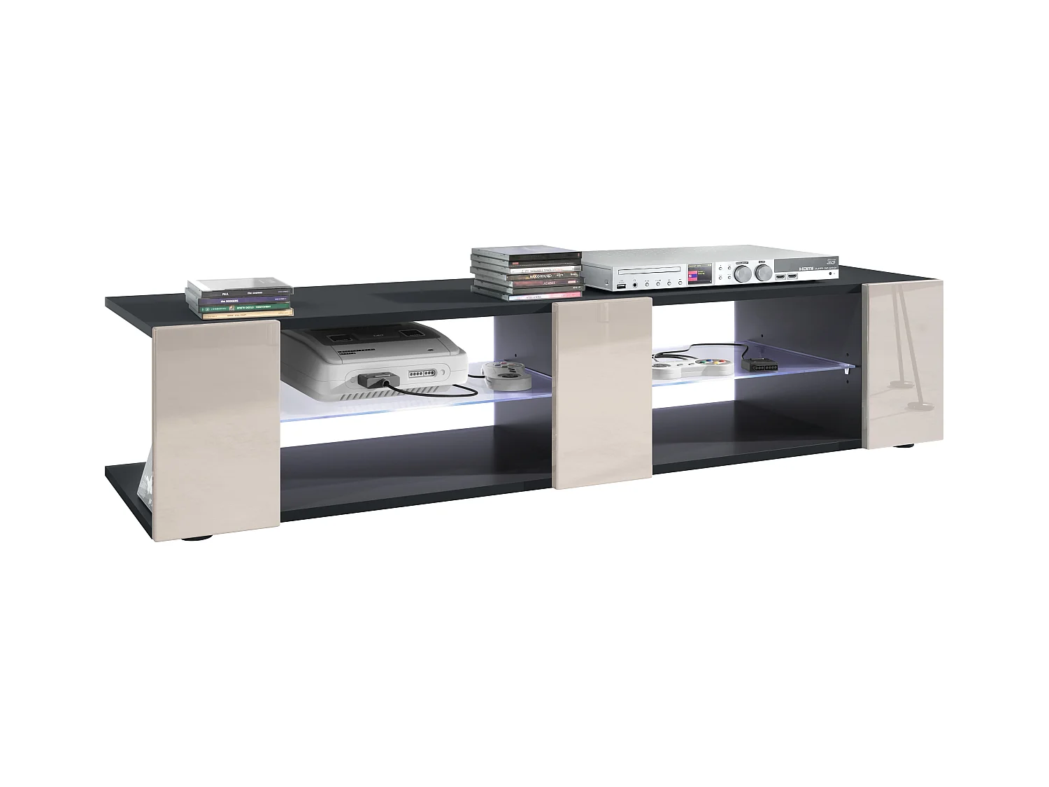 Buffet bas Movie V2, Meuble TV avec 6 compartiments ouverts et placages décoratifs, Noir mat/Gris sable brillant, éclairage LED blanc inclus (134x29x39 cm)