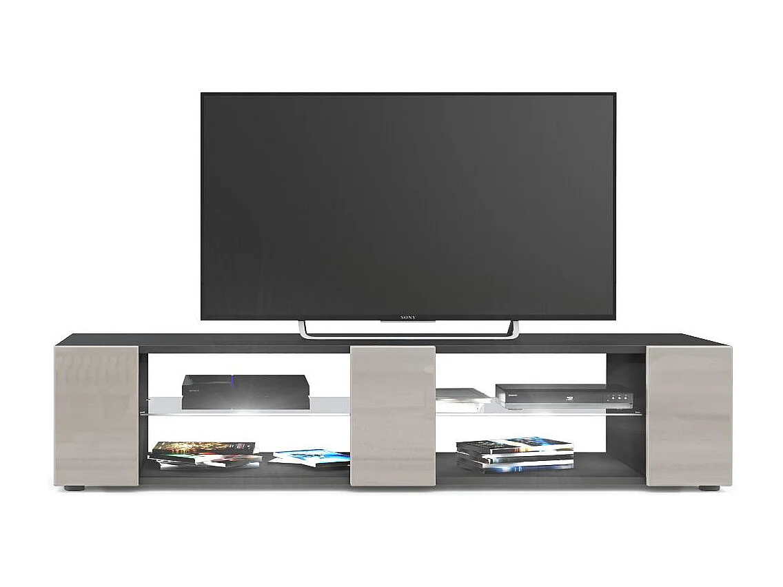 Buffet bas Movie V2, Meuble TV avec 6 compartiments ouverts et placages décoratifs, Noir mat/Gris sable brillant, éclairage LED blanc inclus (134x29x39 cm)