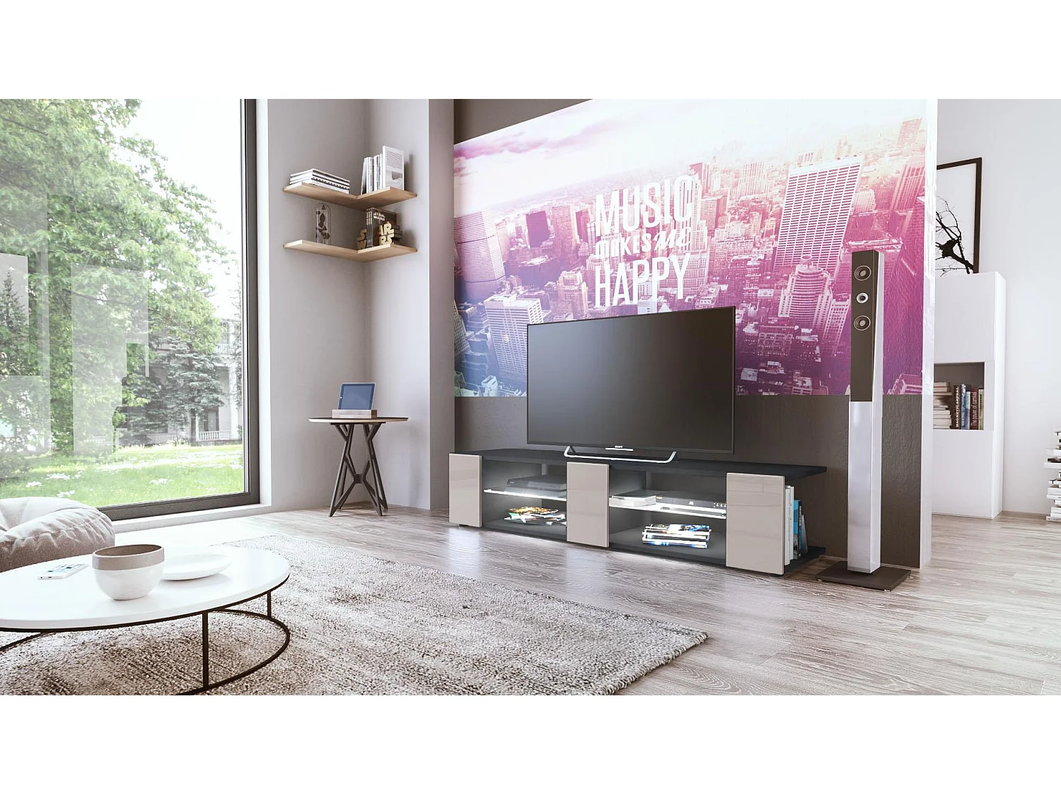 Buffet bas Movie V2, Meuble TV avec 6 compartiments ouverts et placages décoratifs, Noir mat/Gris sable brillant, éclairage LED blanc inclus (134x29x39 cm)