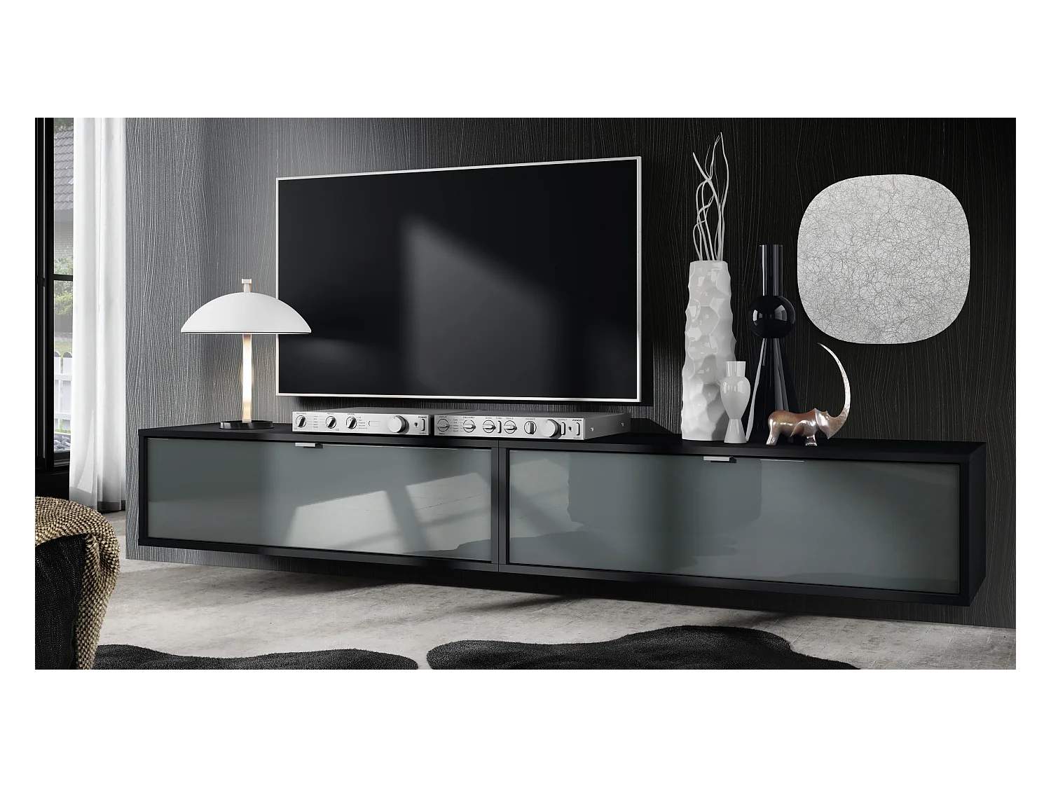 Ensemble de 2 set meuble TV Lana 100, lowboards de 100 x 29 x 37 cm chacun avec beaucoup d'espace de rangement, caisson en Noir mat, façades en Gris haute brillance