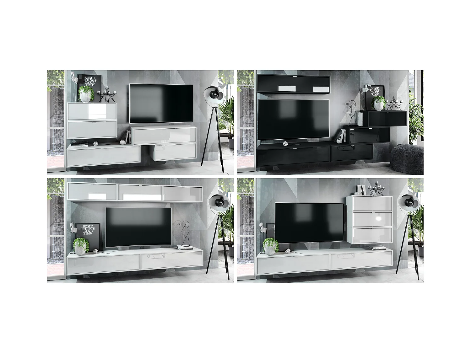 Ensemble de 2 set meuble TV Lana 100, lowboards de 100 x 29 x 37 cm chacun avec beaucoup d'espace de rangement, caisson en Noir mat, façades en Gris haute brillance