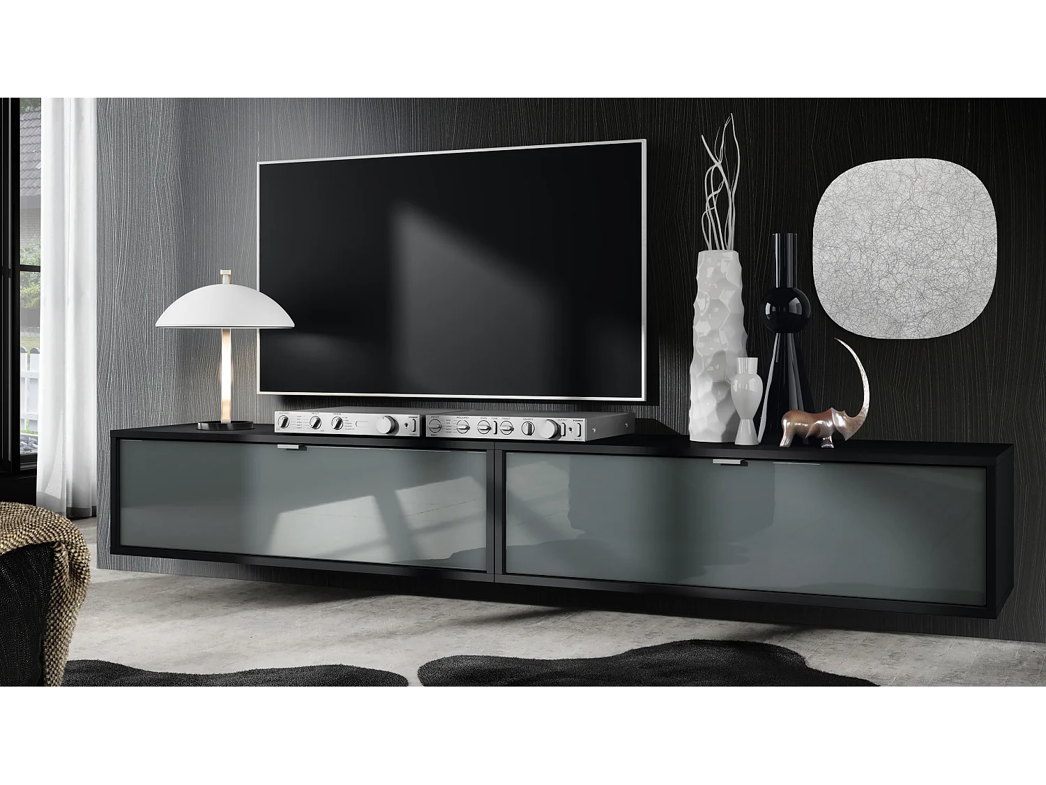 Ensemble de 2 set meuble TV Lana 100, lowboards de 100 x 29 x 37 cm chacun avec beaucoup d'espace de rangement, caisson en Noir mat, façades en Gris haute brillance