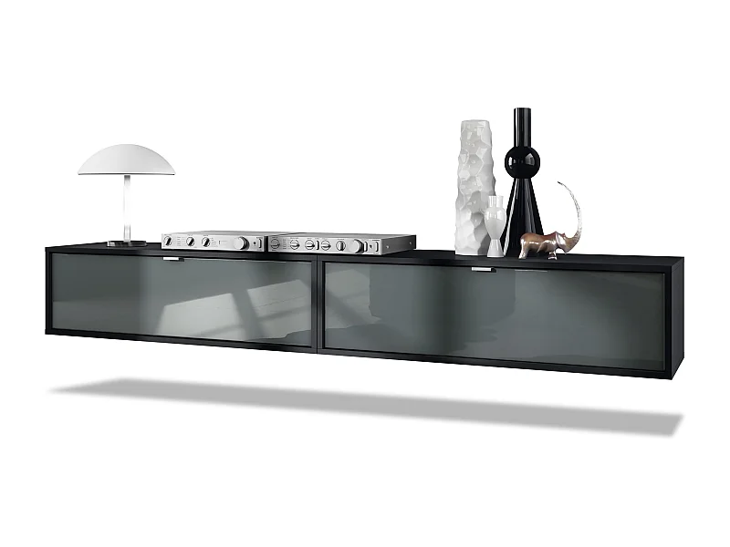 Ensemble de 2 set meuble TV Lana 100, lowboards de 100 x 29 x 37 cm chacun avec beaucoup d'espace de rangement, caisson en Noir mat, façades en Gris haute brillance