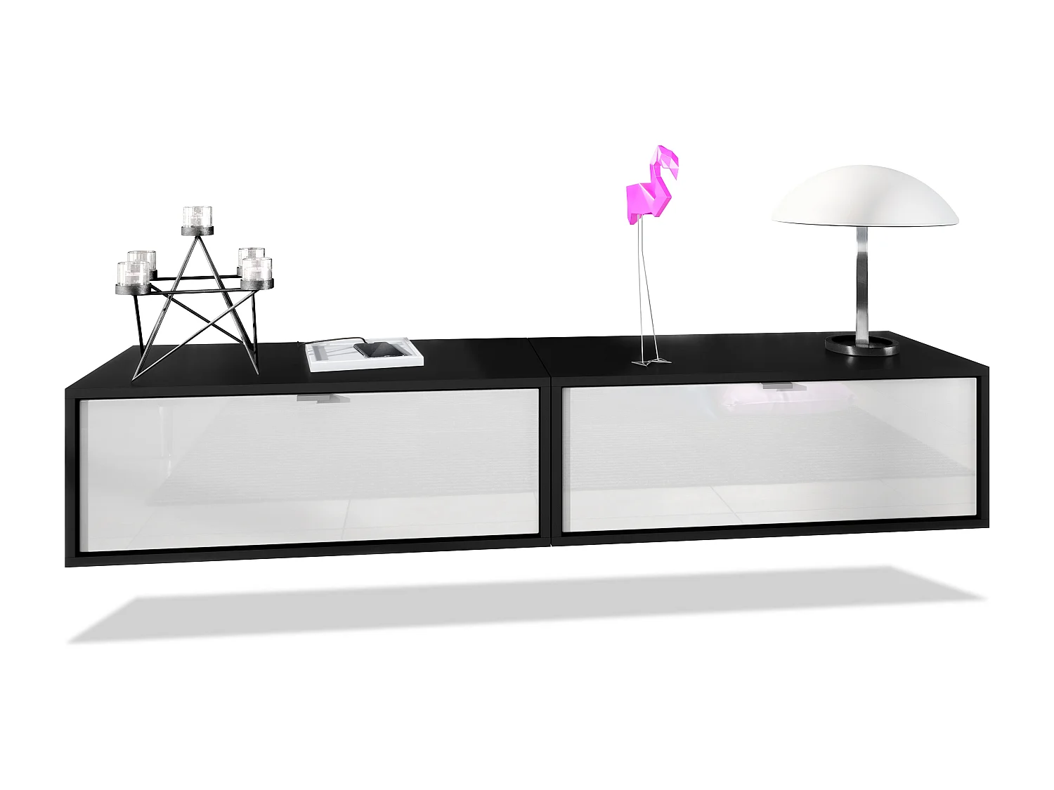 Ensemble de 2 set meuble TV Lana 80, lowboards de 80 x 29 x 37 cm chacun avec beaucoup d'espace de rangement, caisson en Noir mat, façades en Blanc haute brillance