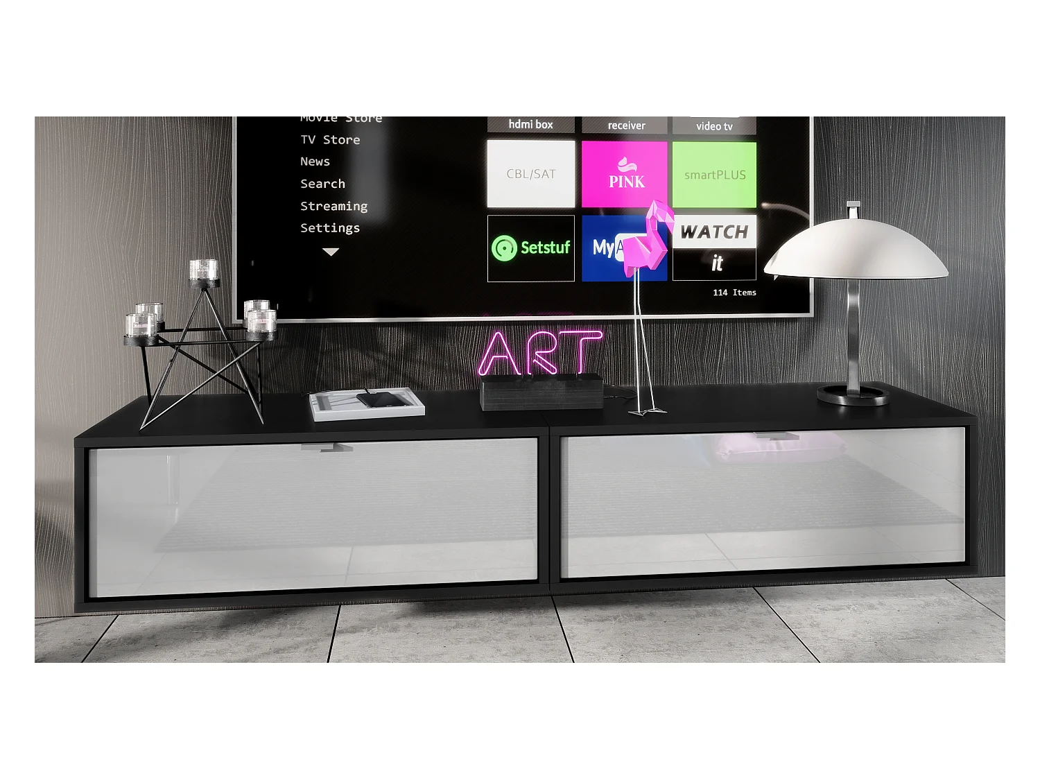 Ensemble de 2 set meuble TV Lana 80, lowboards de 80 x 29 x 37 cm chacun avec beaucoup d'espace de rangement, caisson en Noir mat, façades en Blanc haute brillance