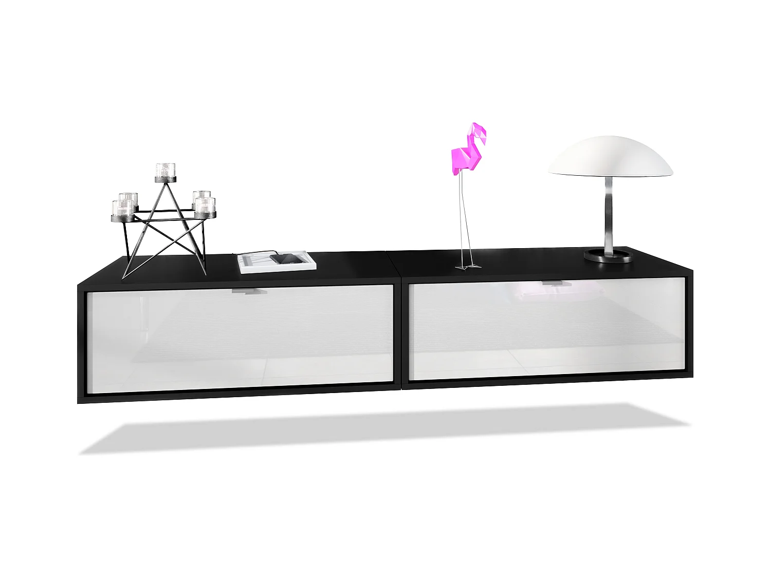 Ensemble de 2 set meuble TV Lana 80, lowboards de 80 x 29 x 37 cm chacun avec beaucoup d'espace de rangement, caisson en Noir mat, façades en Blanc haute brillance