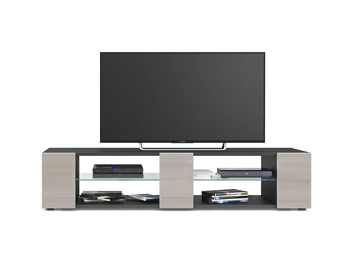 Buffet bas Movie V2, Meuble TV avec 6 compartiments ouverts et placages décoratifs, Noir mat/Gris sable haute brillance (134 x 29 x 39 cm)