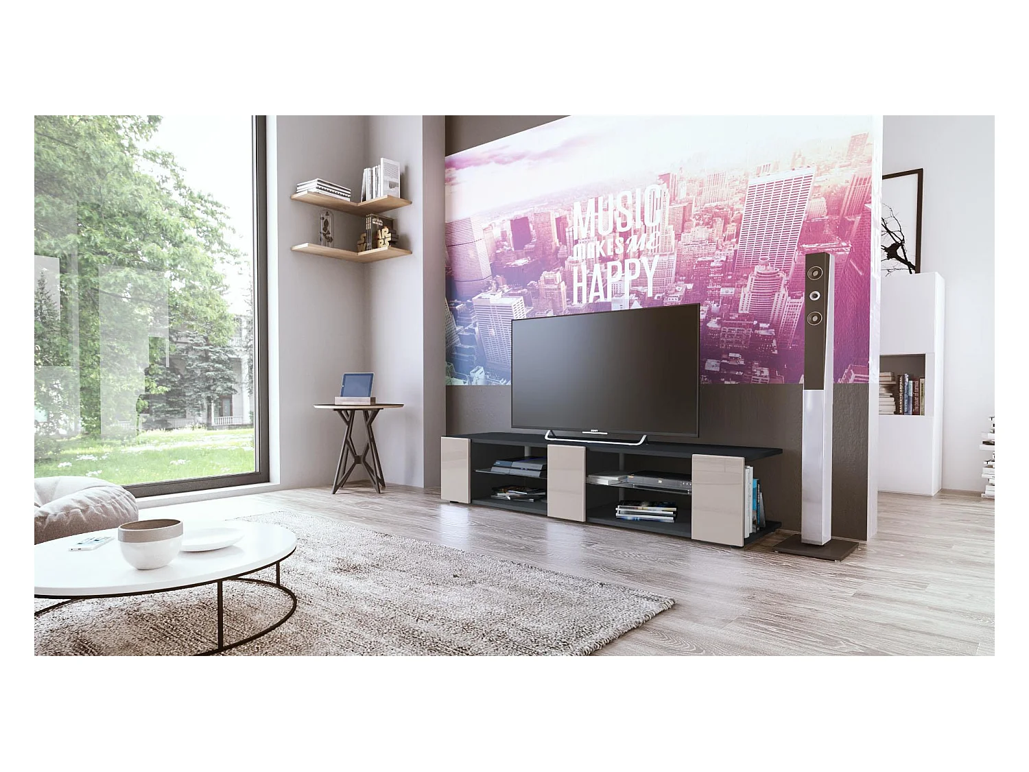 Buffet bas Movie V2, Meuble TV avec 6 compartiments ouverts et placages décoratifs, Noir mat/Gris sable haute brillance (134 x 29 x 39 cm)