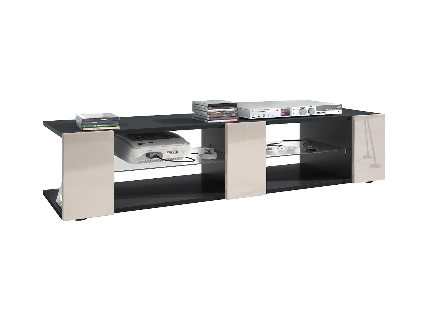 Buffet bas Movie V2, Meuble TV avec 6 compartiments ouverts et placages décoratifs, Noir mat/Gris sable haute brillance (134 x 29 x 39 cm)