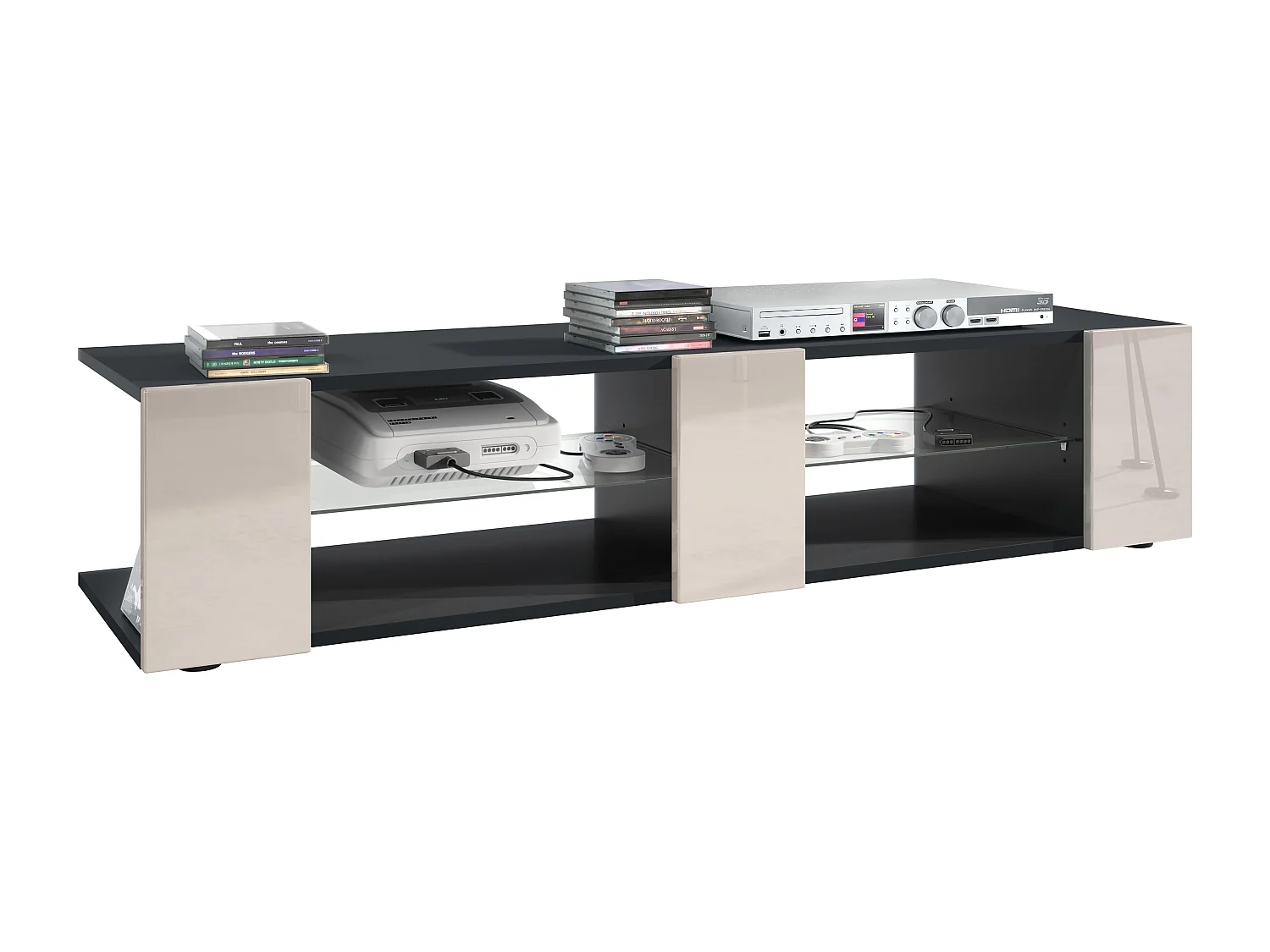 Buffet bas Movie V2, Meuble TV avec 6 compartiments ouverts et placages décoratifs, Noir mat/Gris sable haute brillance (134 x 29 x 39 cm)