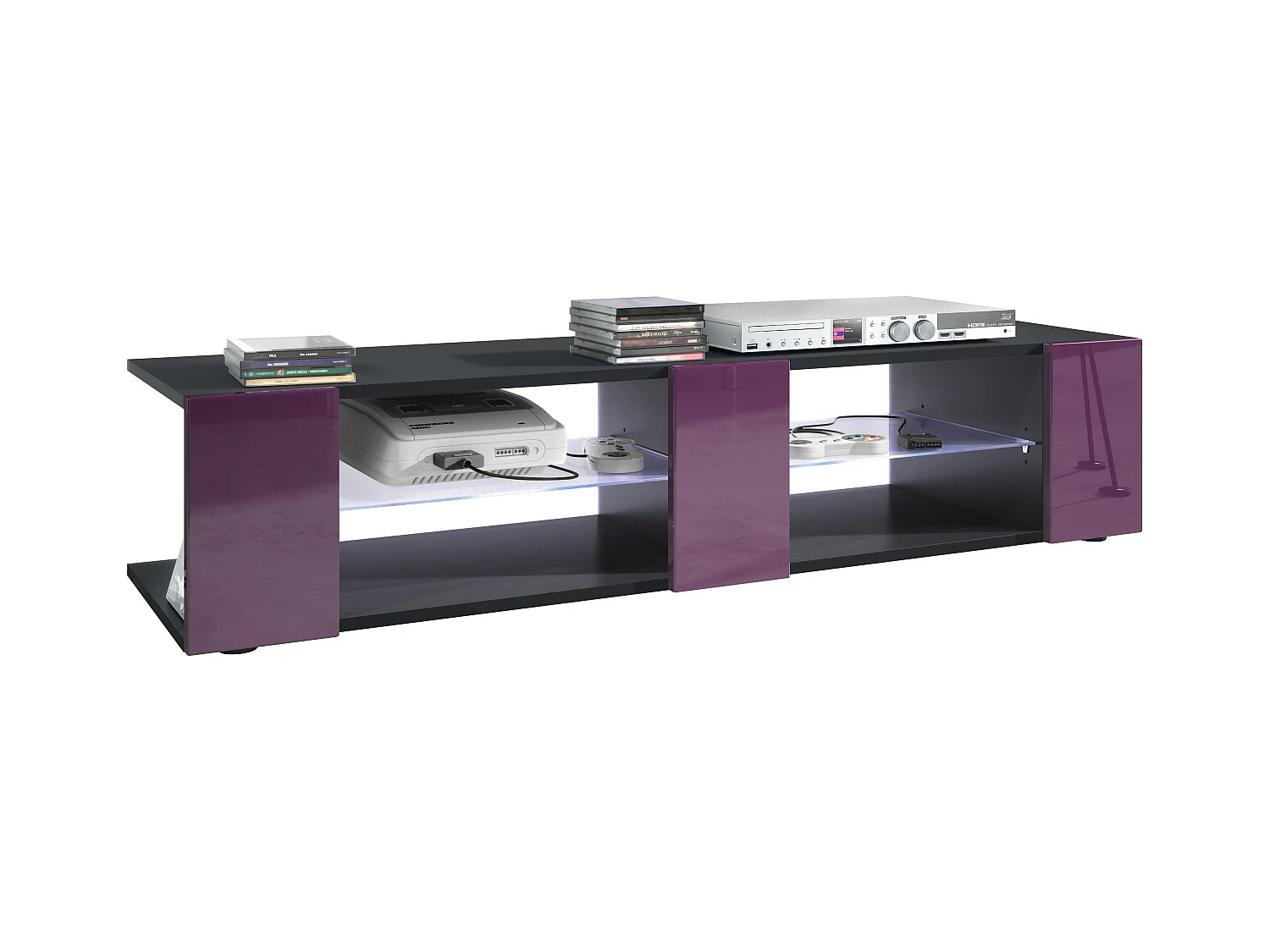 Buffet bas Movie V2, Meuble TV avec 6 compartiments ouverts et placages décoratifs, Noir mat/Mûre brillant, éclairage LED blanc inclus (134 x 29 x 39 cm)