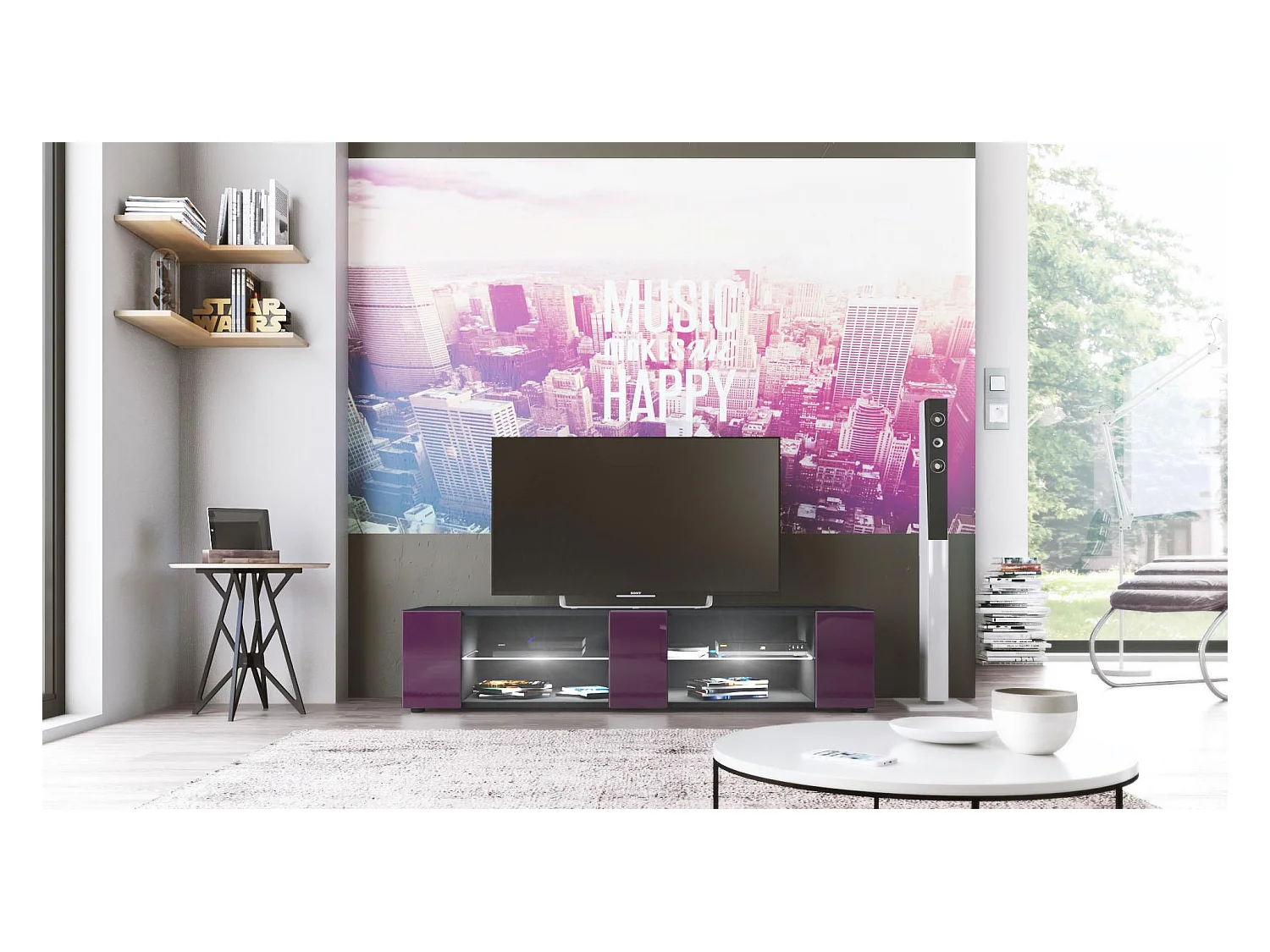 Buffet bas Movie V2, Meuble TV avec 6 compartiments ouverts et placages décoratifs, Noir mat/Mûre brillant, éclairage LED blanc inclus (134 x 29 x 39 cm)