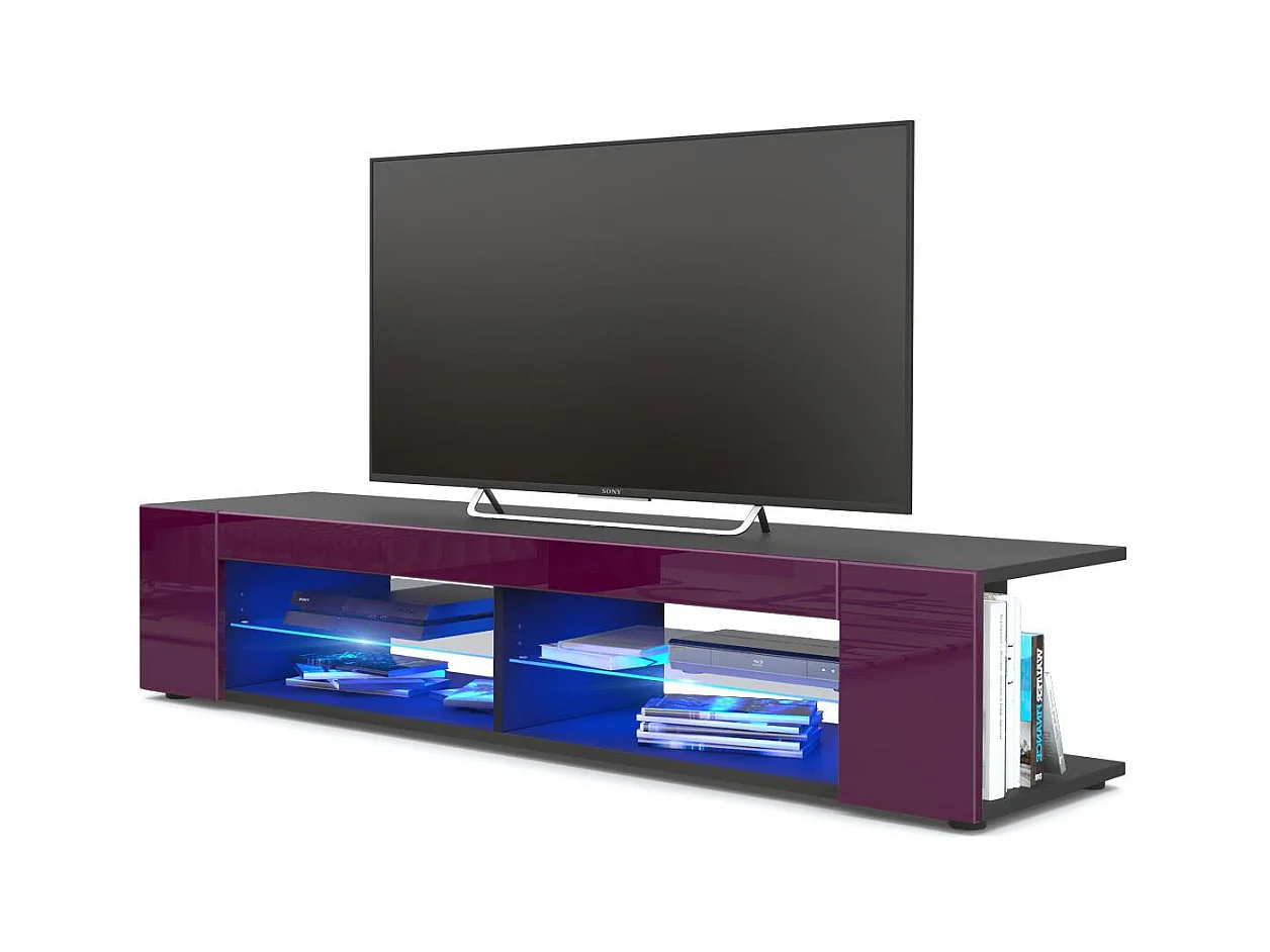 Buffet bas Movie, Meuble TV avec 4 compartiments ouverts et placages décoratifs, Noir mat/Mûre haute brillance, éclairage LED bleu inclus (134 x 29 x 39 cm)