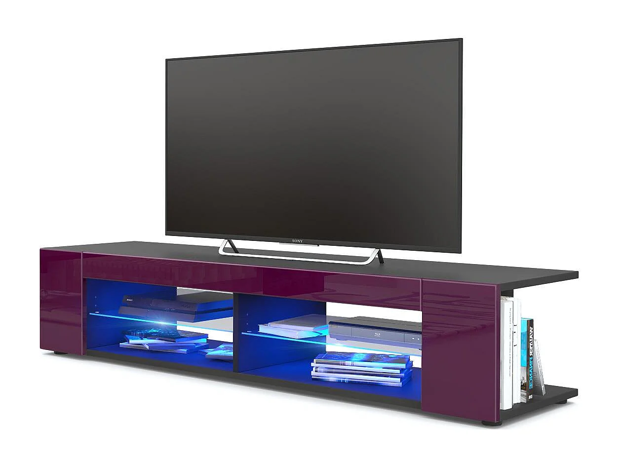 Buffet bas Movie, Meuble TV avec 4 compartiments ouverts et placages décoratifs, Noir mat/Mûre haute brillance, éclairage LED bleu inclus (134 x 29 x 39 cm)