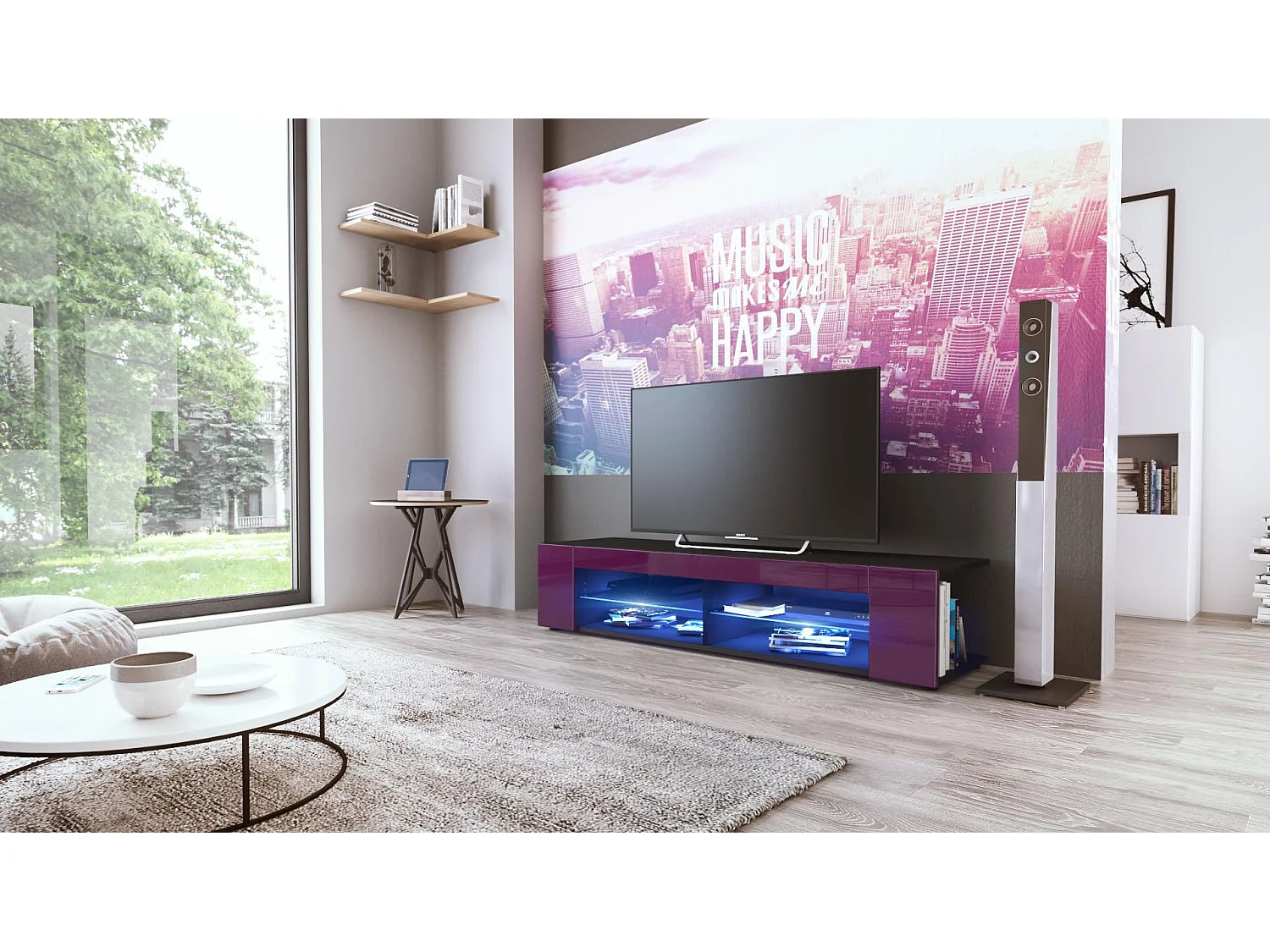Buffet bas Movie, Meuble TV avec 4 compartiments ouverts et placages décoratifs, Noir mat/Mûre haute brillance, éclairage LED bleu inclus (134 x 29 x 39 cm)