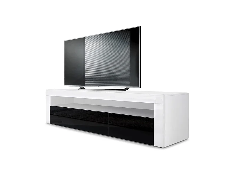 Buffet bas Valencia, Meuble TV avec 1 compartiment ouvert et 2 clapets, Blanc mat/noir haute brillance/blanc haute brillance (155 x 46 x 40 cm)
