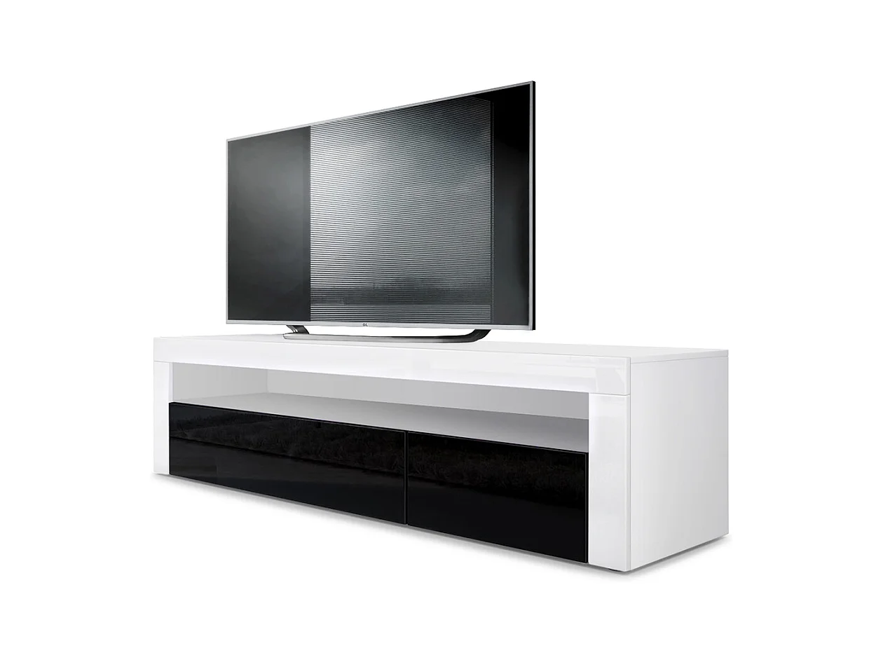 Buffet bas Valencia, Meuble TV avec 1 compartiment ouvert et 2 clapets, Blanc mat/noir haute brillance/blanc haute brillance (155 x 46 x 40 cm)
