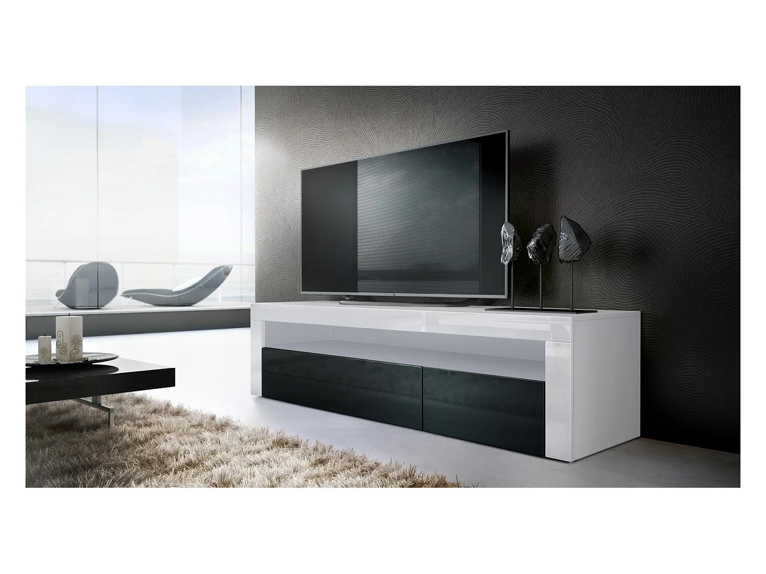 Buffet bas Valencia, Meuble TV avec 1 compartiment ouvert et 2 clapets, Blanc mat/noir haute brillance/blanc haute brillance (155 x 46 x 40 cm)