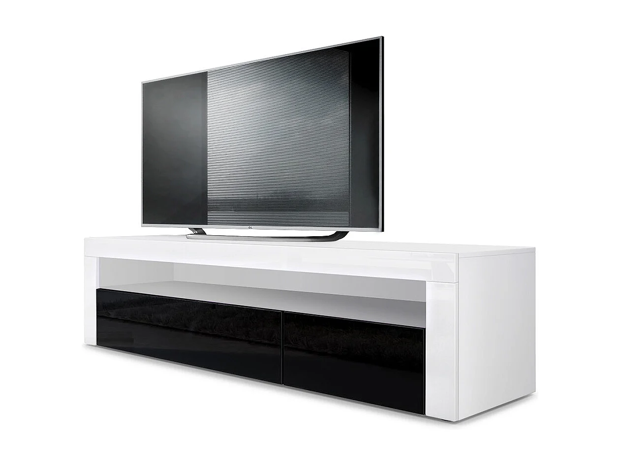 Buffet bas Valencia, Meuble TV avec 1 compartiment ouvert et 2 clapets, Blanc mat/noir haute brillance/blanc haute brillance (155 x 46 x 40 cm)