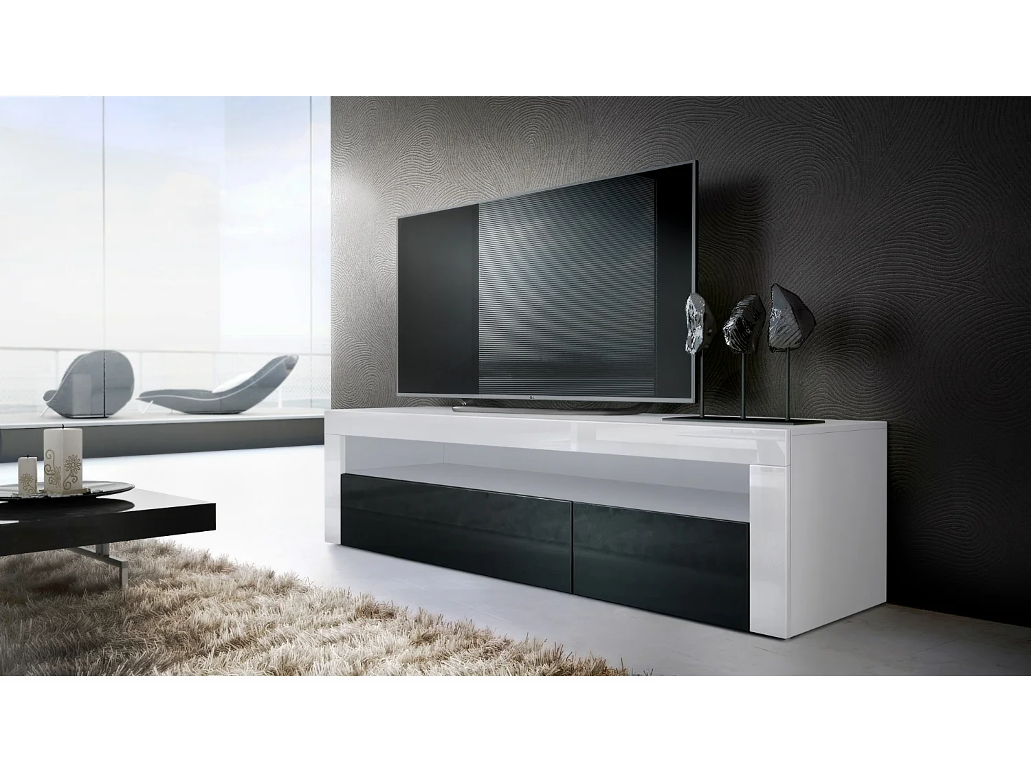 Buffet bas Valencia, Meuble TV avec 1 compartiment ouvert et 2 clapets, Blanc mat/noir haute brillance/blanc haute brillance (155 x 46 x 40 cm)